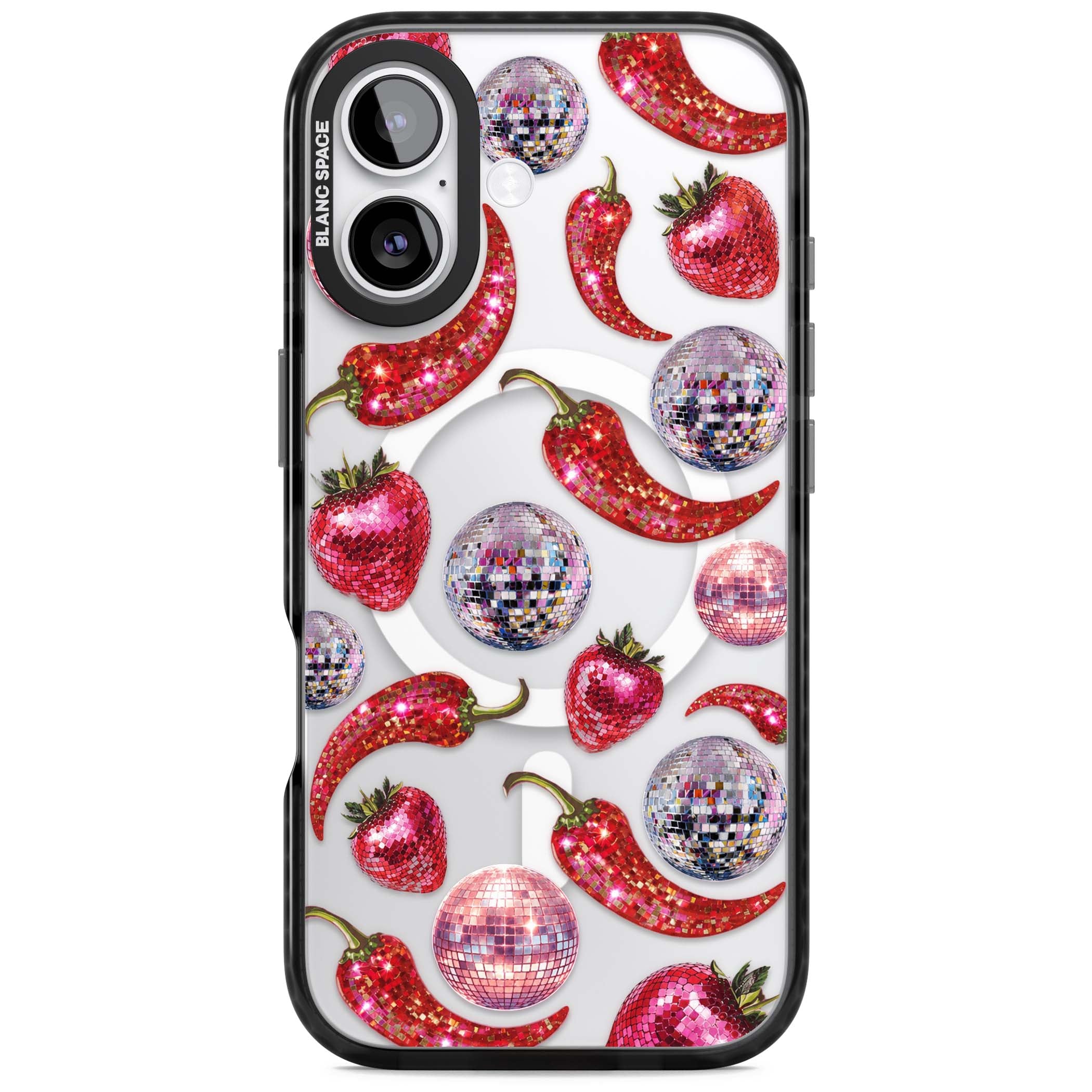 Spicy Disco Y2K iPhone case featuring glitter disco balls, sparkly strawberries and red chilli peppers | Black Impact Magsafe case for iPhone 17