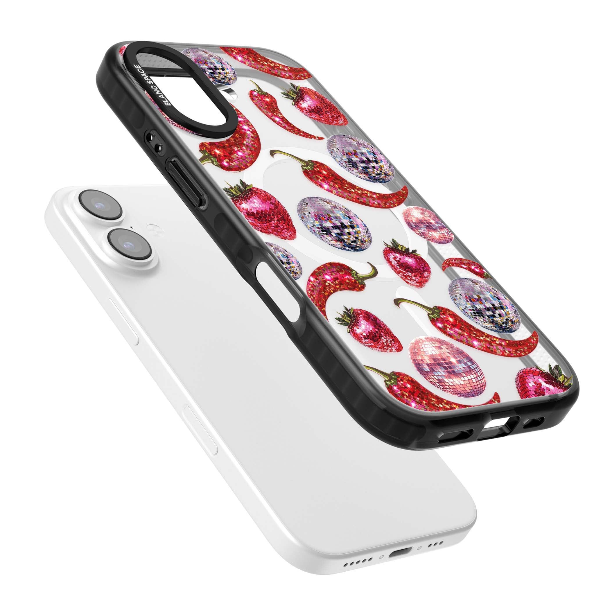 Spicy Disco Y2K iPhone case featuring glitter disco balls, sparkly strawberries and red chilli peppers | Black Impact Magsafe case for iPhone 17