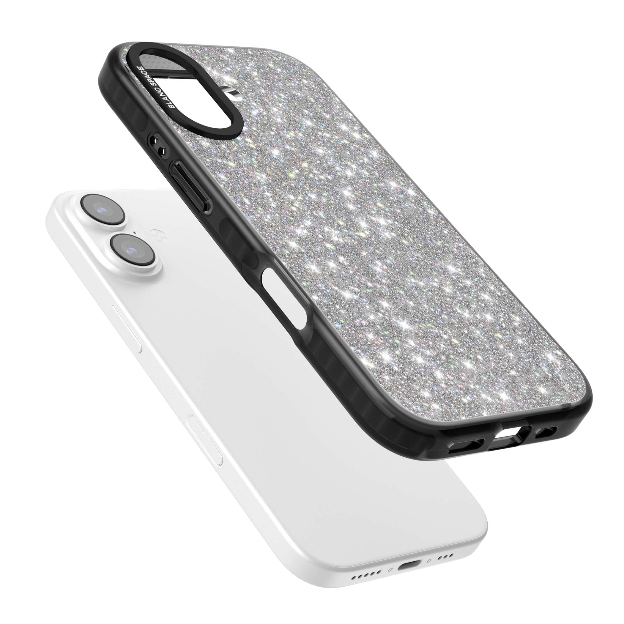 Diamond glam iPhone case featuring silver glitter sparkle and shimmering diamond dust effect | Black Impact Magsafe case for iPhone 17