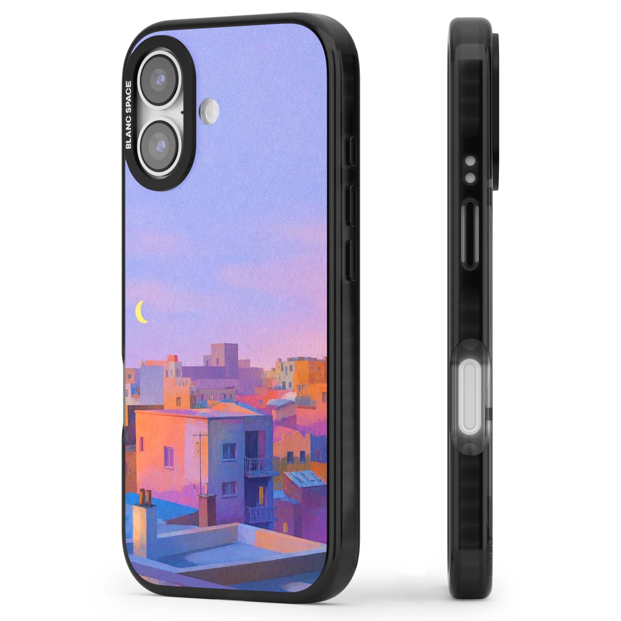 Twilight Rooftops vaporwave iPhone case featuring a pastel sunset cityscape, painted rooftops and a crescent moon. | Black Impact Magsafe case for iPhone 17