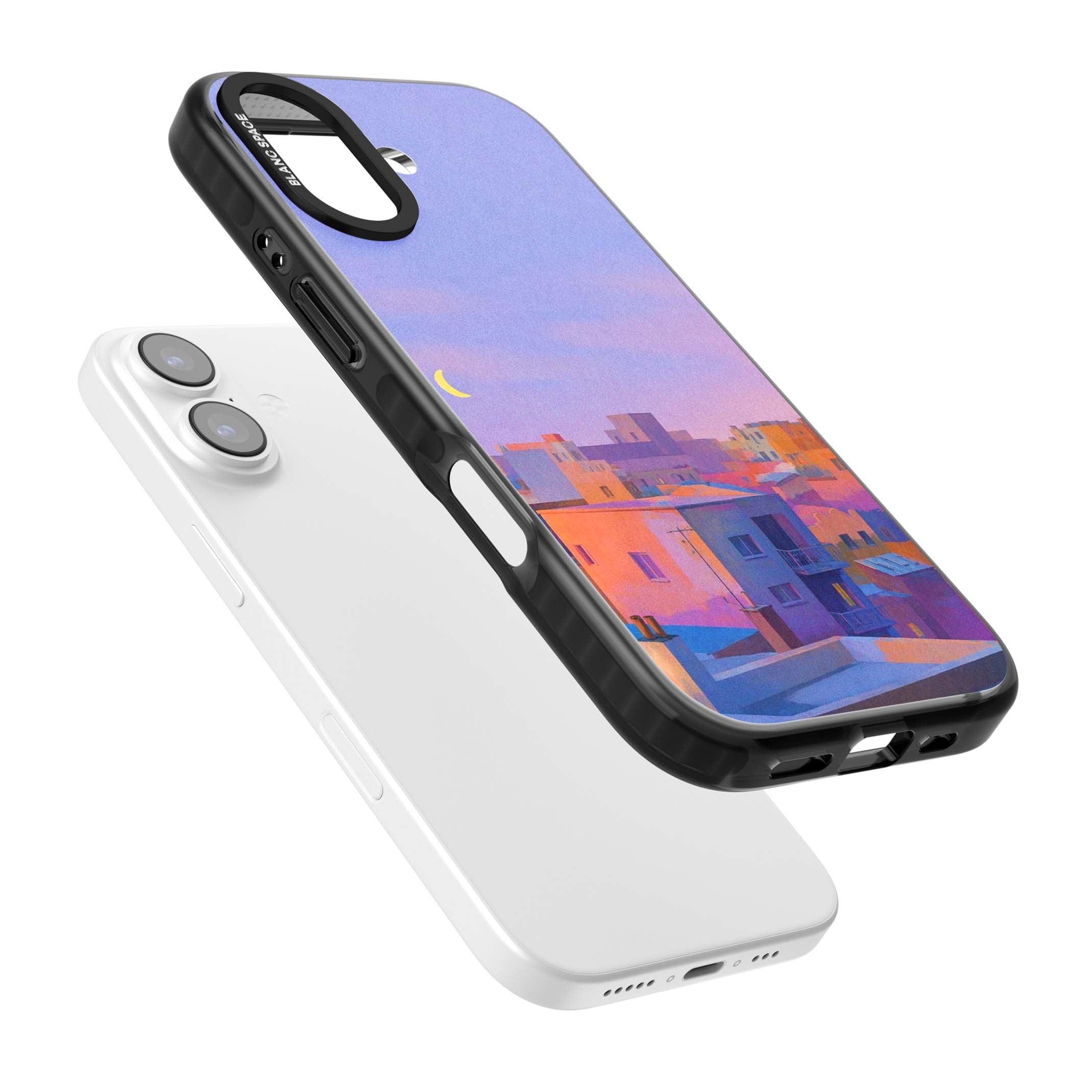 Twilight Rooftops vaporwave iPhone case featuring a pastel sunset cityscape, painted rooftops and a crescent moon. | Black Impact Magsafe case for iPhone 17