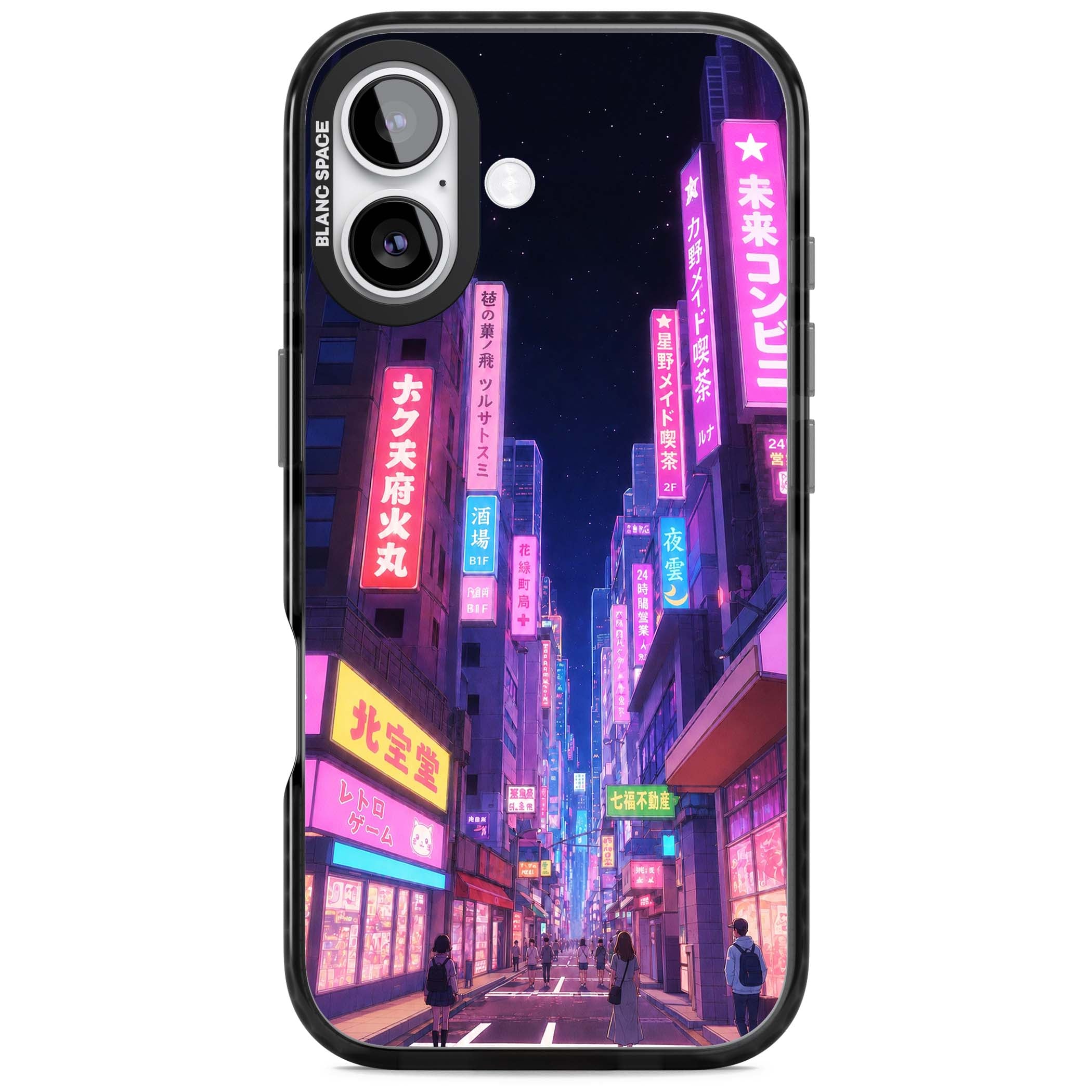 Shibuya At Night Japanese neon city iPhone case featuring glowing kanji signs, pink storefronts and a Tokyo street at n | Black Impact Magsafe case for iPhone 17