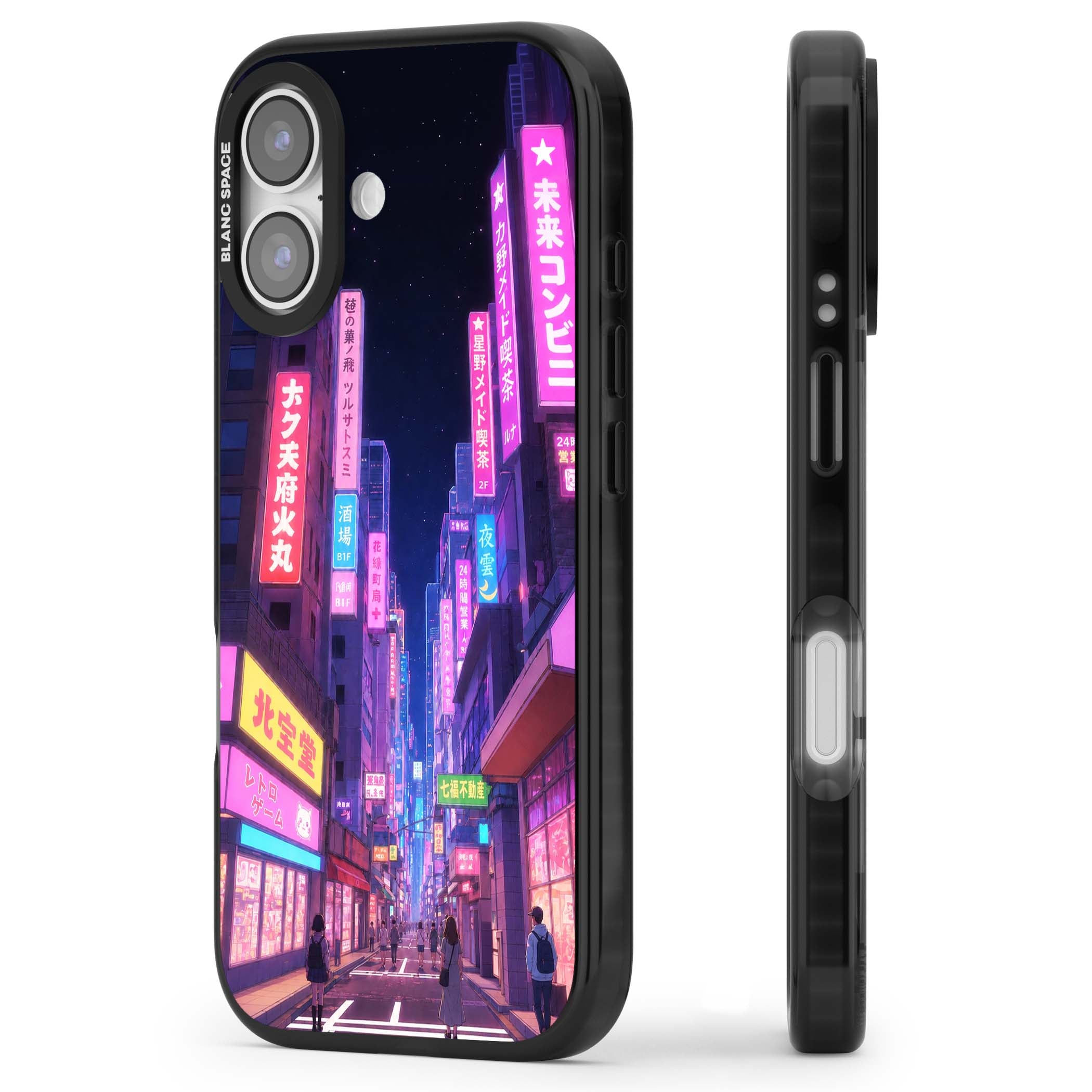 Shibuya At Night Japanese neon city iPhone case featuring glowing kanji signs, pink storefronts and a Tokyo street at n | Black Impact Magsafe case for iPhone 17