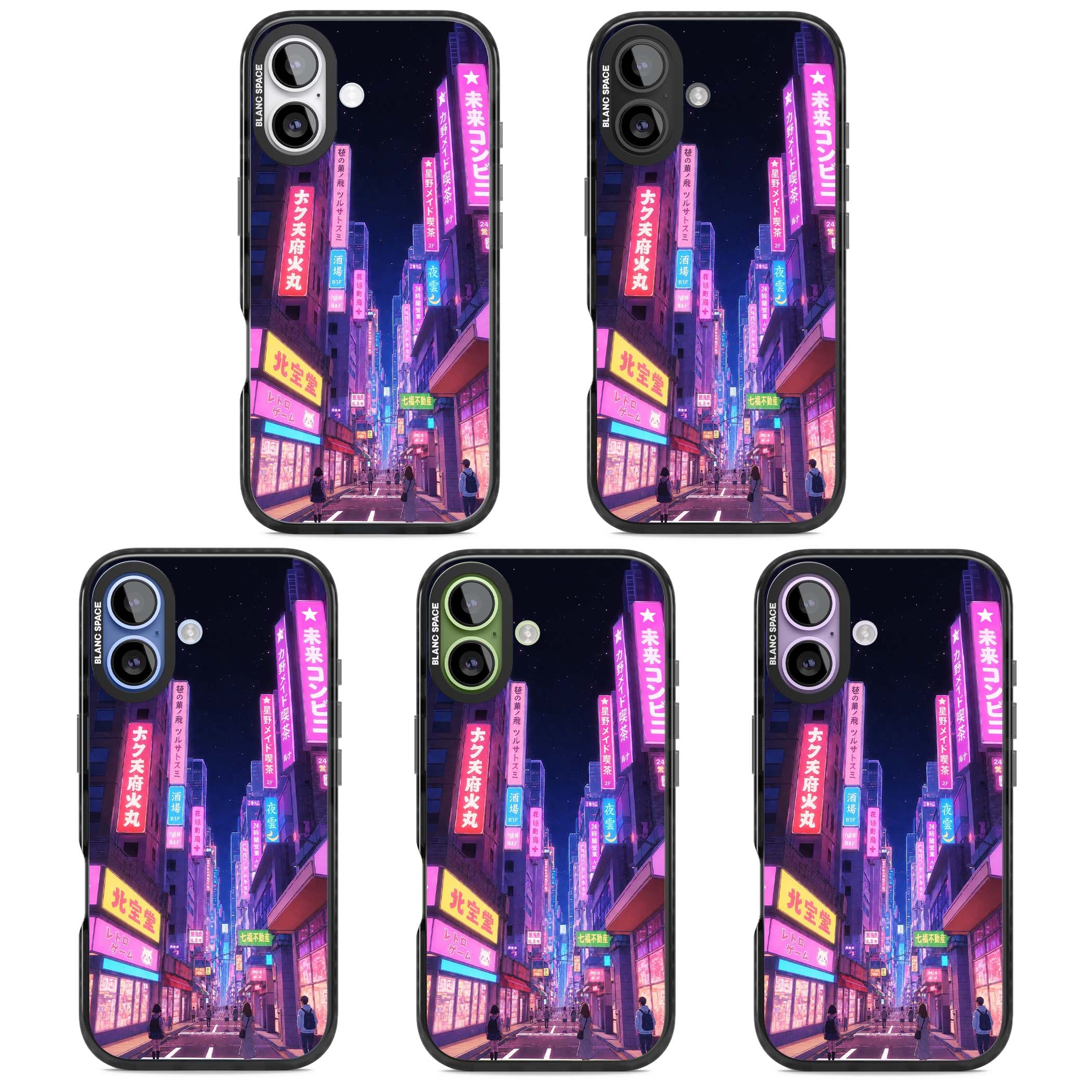 Shibuya At Night Japanese neon city iPhone case featuring glowing kanji signs, pink storefronts and a Tokyo street at n | Black Impact Magsafe case for iPhone 17