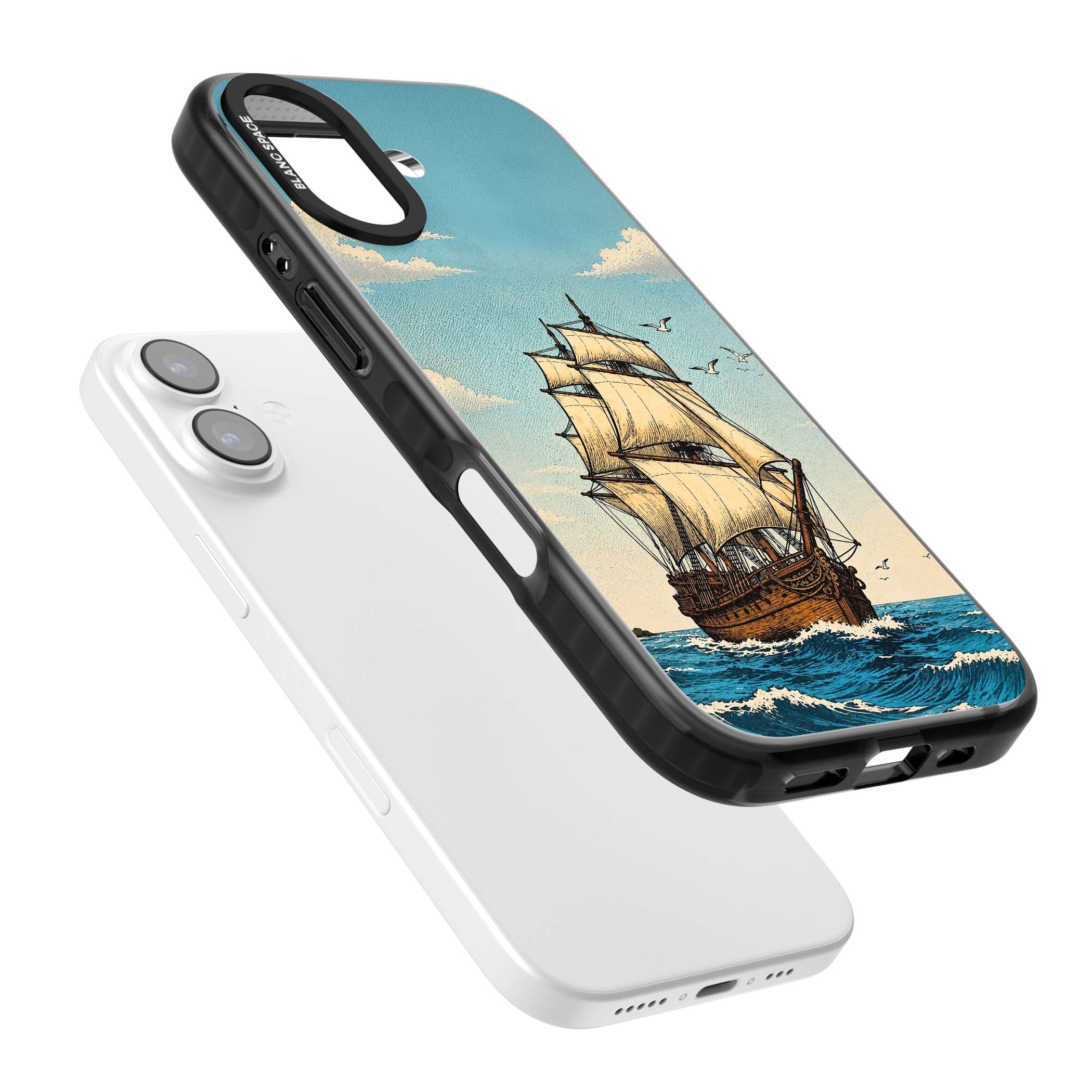 Ship at Sea nautical iPhone case featuring a vintage tall ship, ocean waves and seagulls | Black Impact Magsafe case for iPhone 17