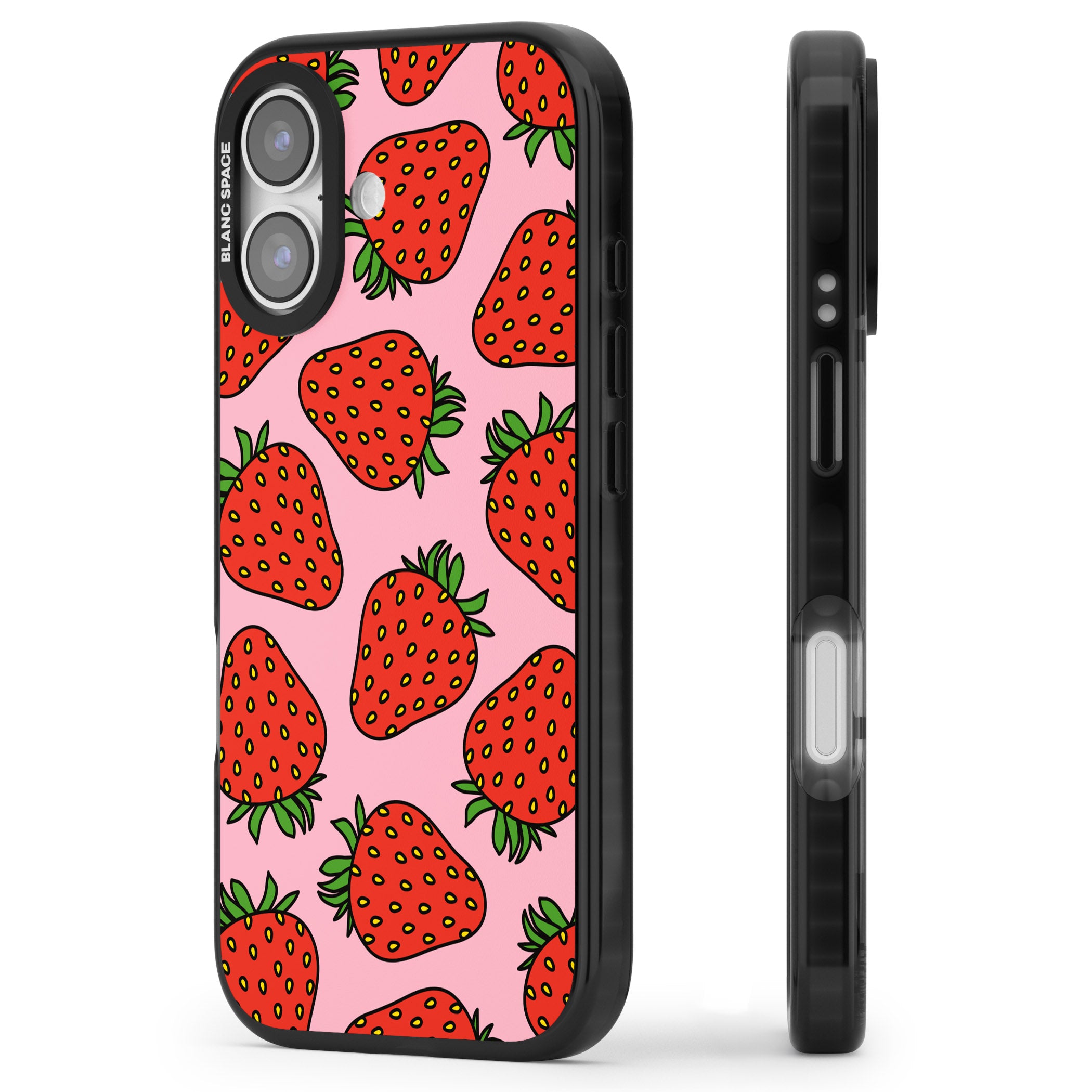 Strawberry Pattern (Pink) iPhone 17 Impact Pro Black Phone Case Side Profile