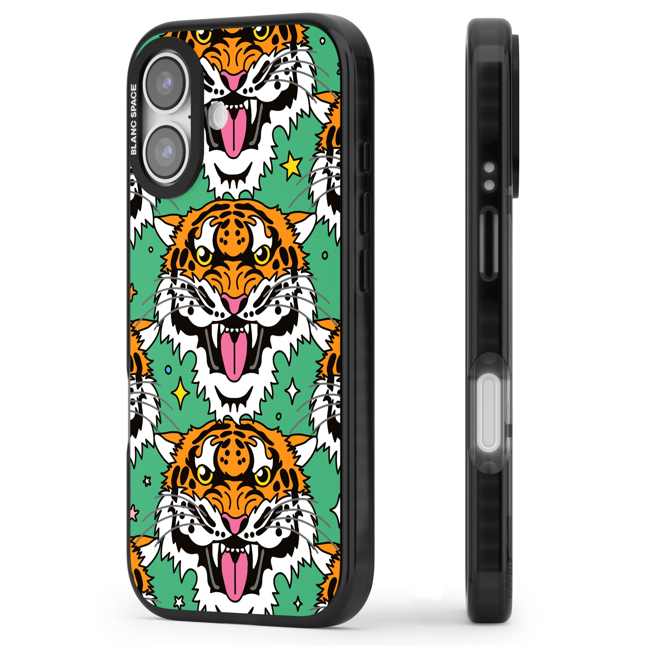 Fierce Jungle Tigers (Green) iPhone 17 Impact Pro Black Phone Case Side Profile