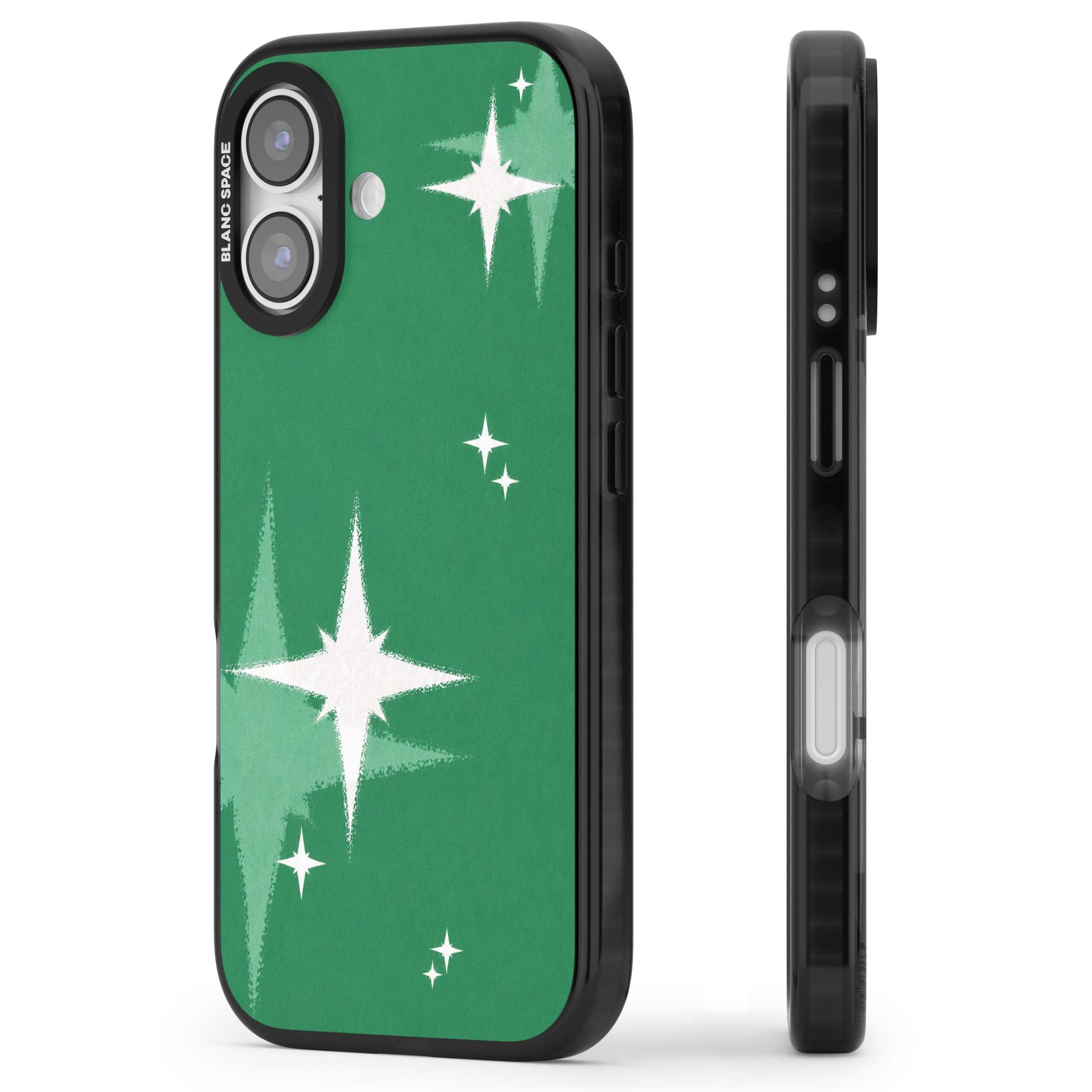 Green Sparkle celestial iPhone case featuring sparkling white four-point stars on a deep green background | Black Impact Magsafe case for iPhone 17