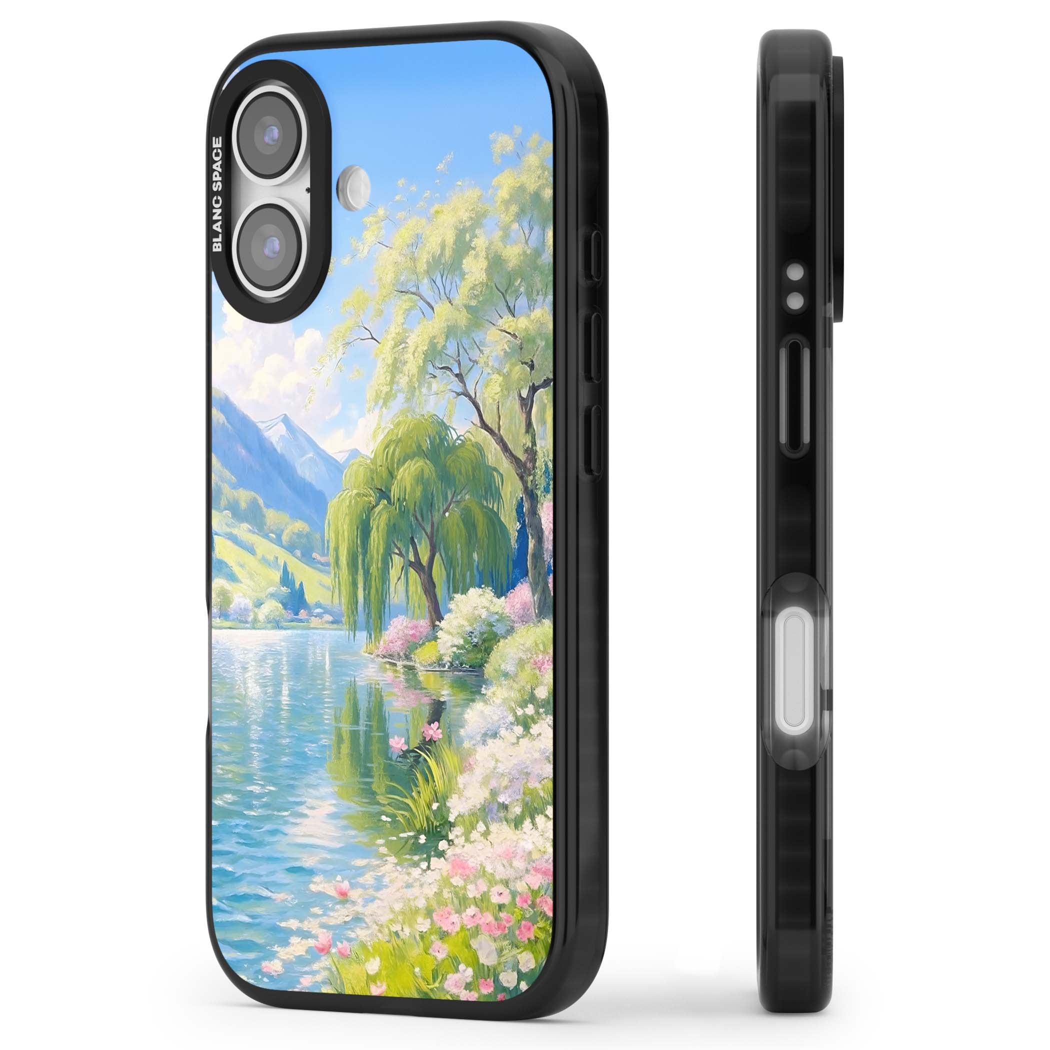 Willow Lake cottagecore iPhone case featuring a painted lakeside with weeping willow, blossoms and distant mountains | Black Impact Magsafe case for iPhone 17