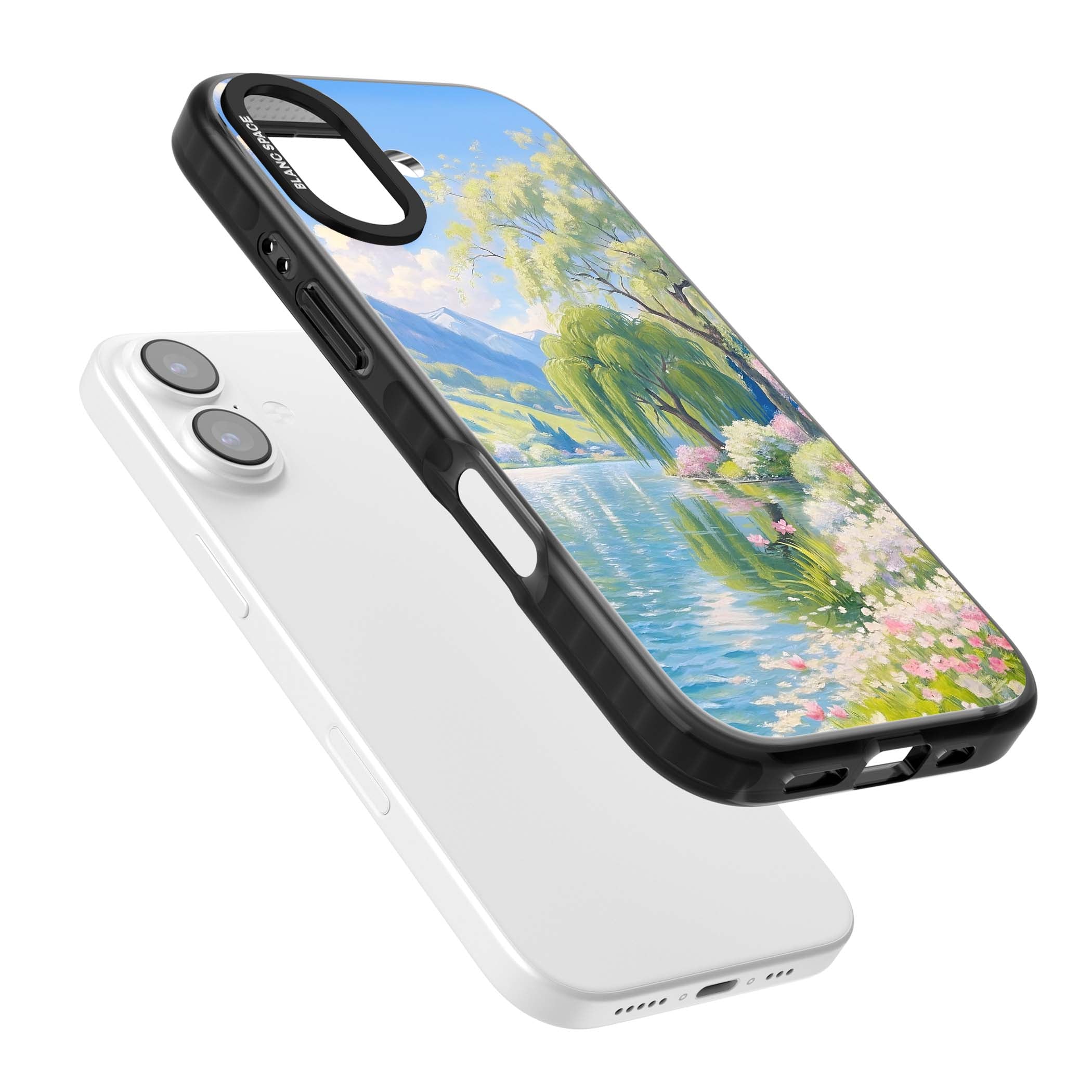 Willow Lake cottagecore iPhone case featuring a painted lakeside with weeping willow, blossoms and distant mountains | Black Impact Magsafe case for iPhone 17