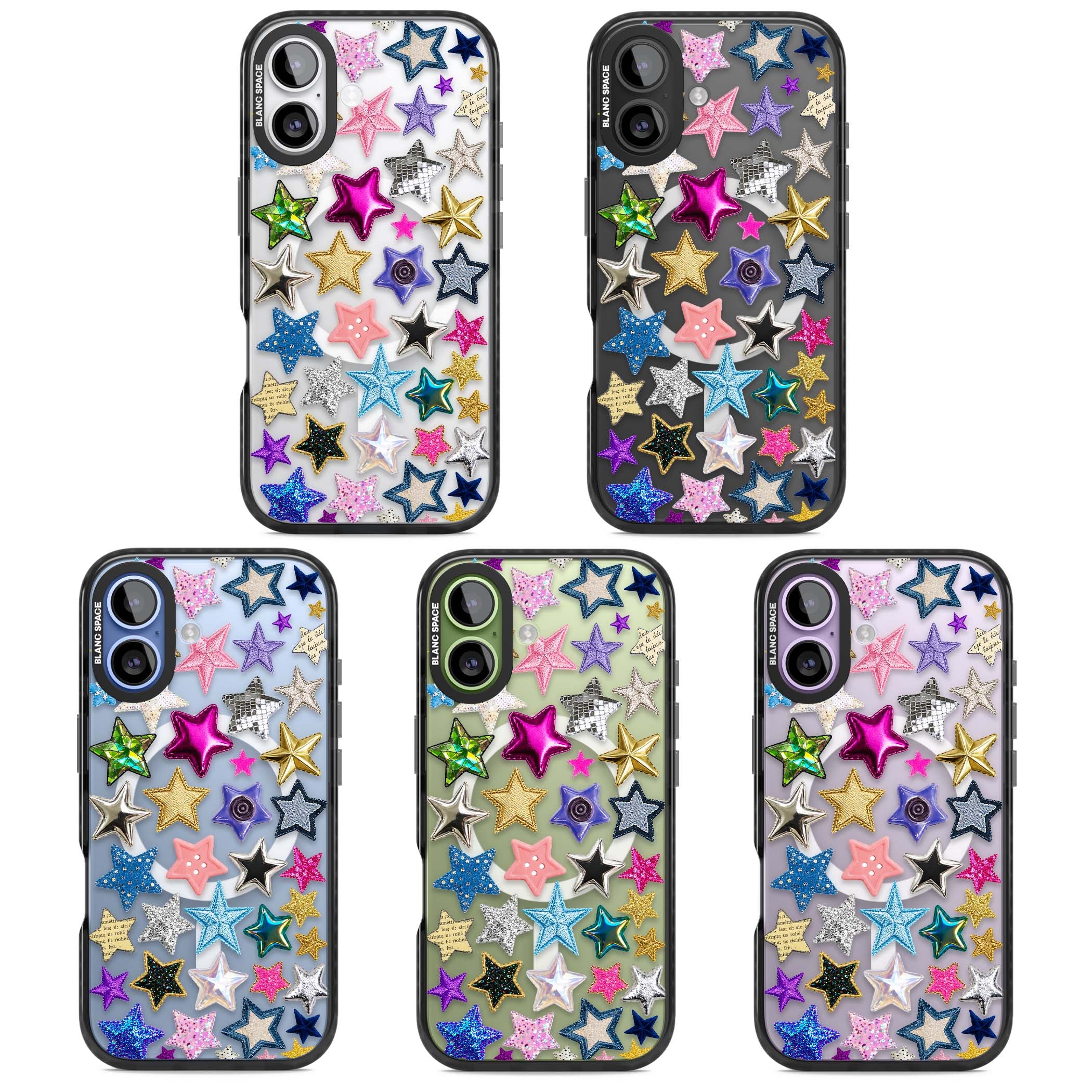 Crafty Star Mix Y2K iPhone case featuring embroidered, sequinned and glitter star patches in rainbow colours | Black Impact Magsafe case for iPhone 17
