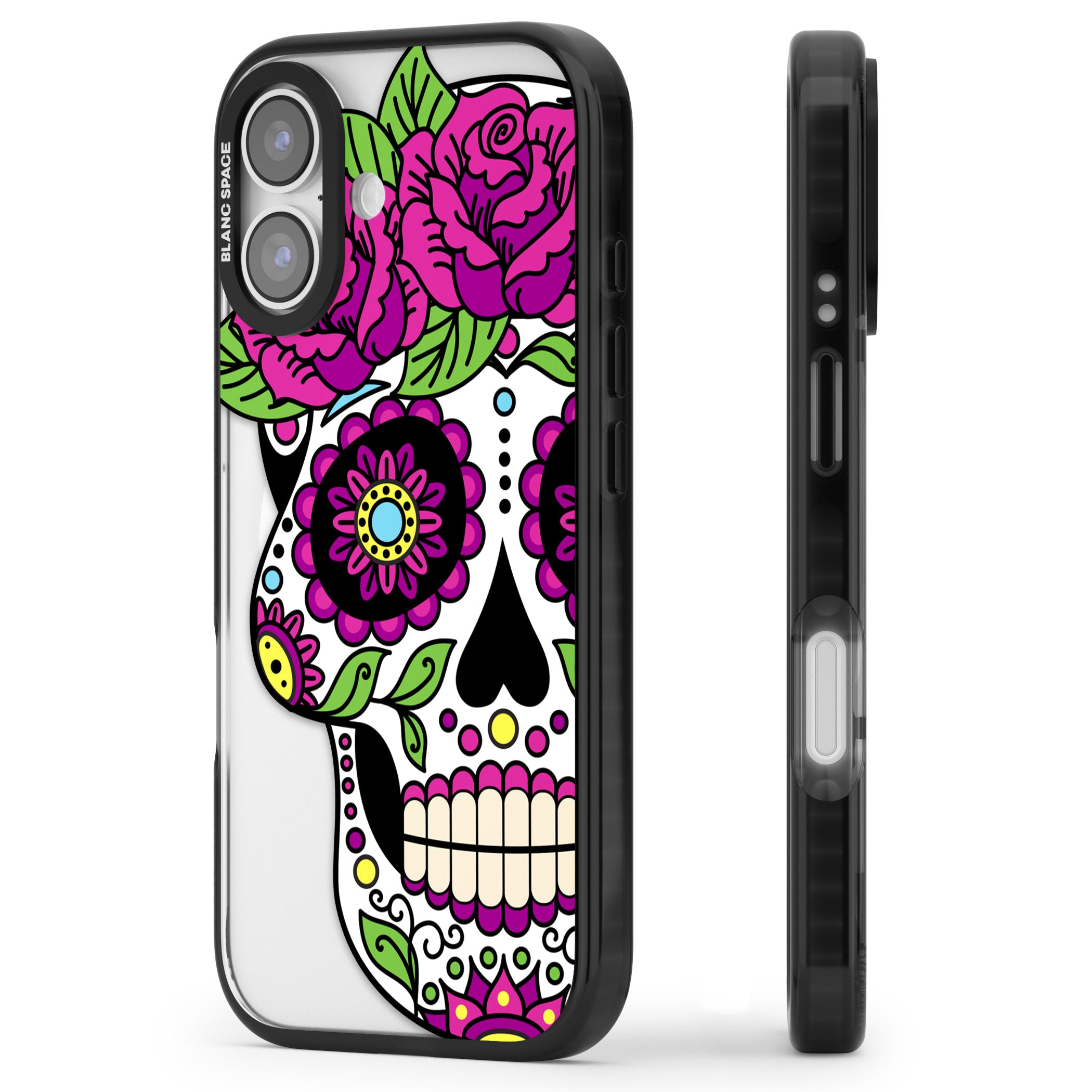 Purple Floral Sugar Skull iPhone 17 Impact Pro Black Phone Case Side Profile