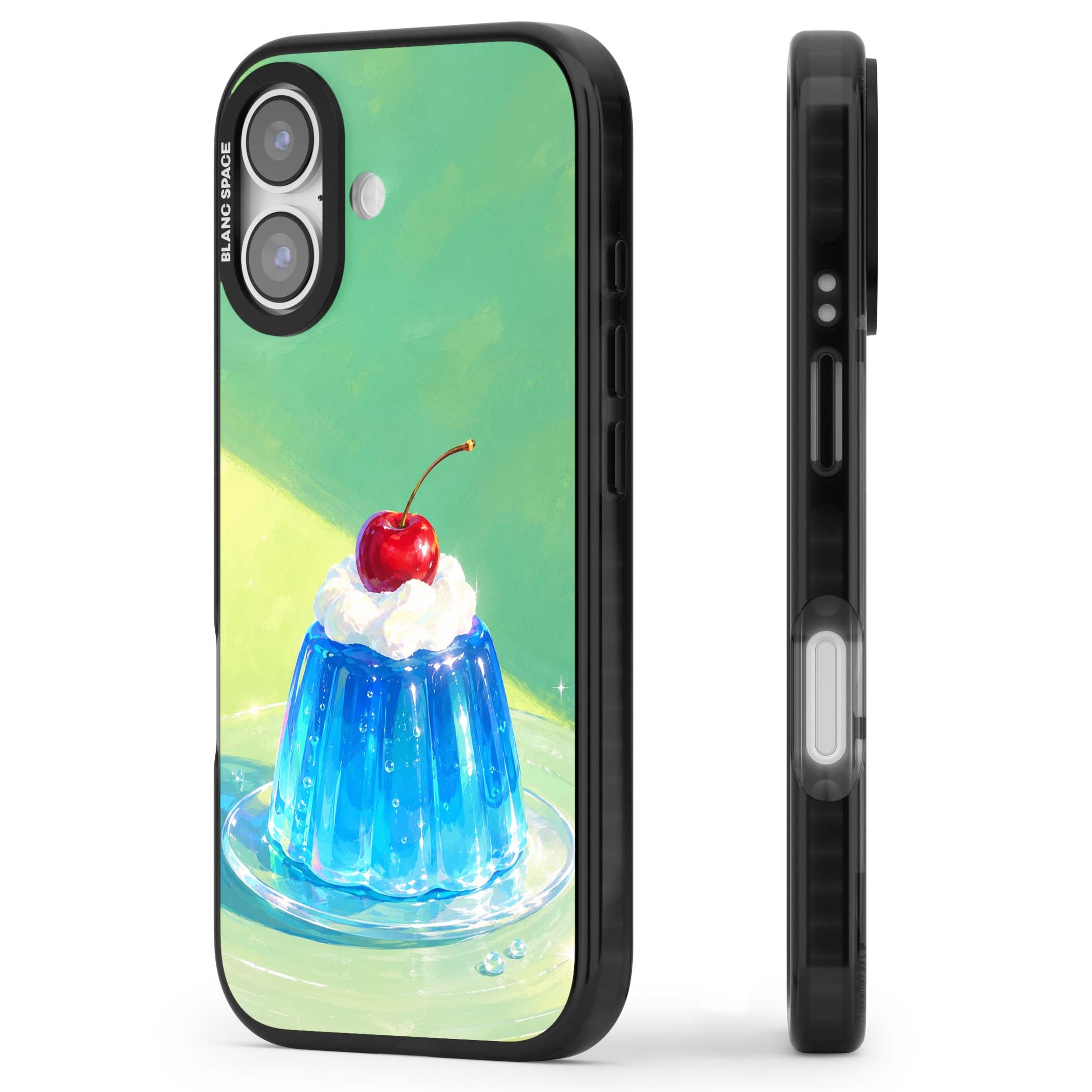 Cherry Jelly kawaii dessert iPhone case featuring blue jelly pudding, whipped cream and a red cherry | Black Impact Magsafe case for iPhone 17