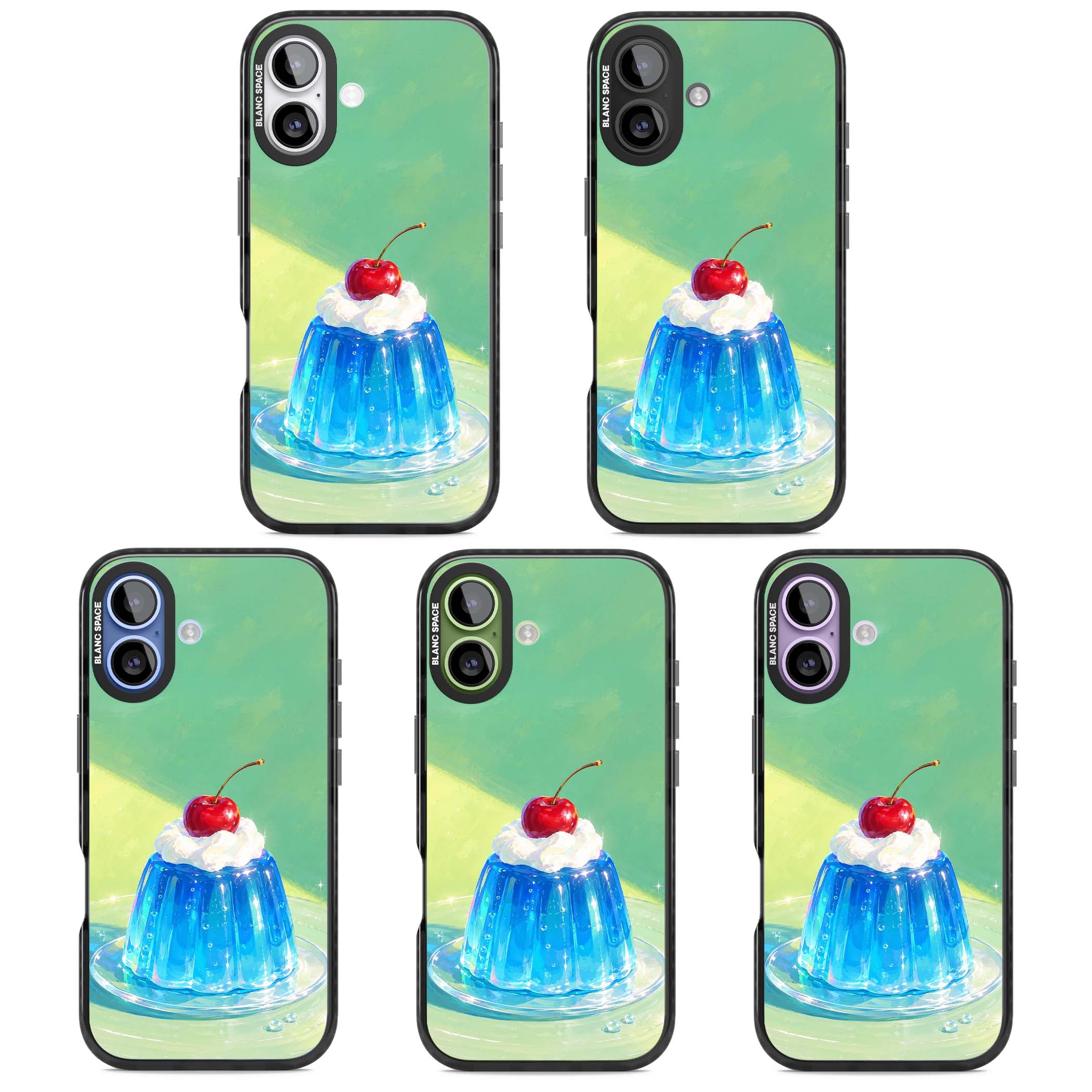 Cherry Jelly kawaii dessert iPhone case featuring blue jelly pudding, whipped cream and a red cherry | Black Impact Magsafe case for iPhone 17