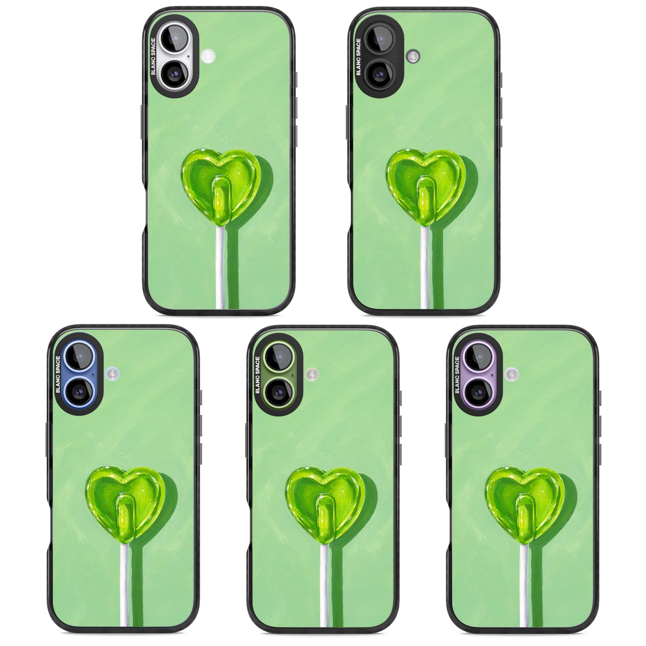 Green Lollipop candy art iPhone case featuring a glossy green heart-shaped lollipop on a painted pastel green background | Black Impact Magsafe case for iPhone 17