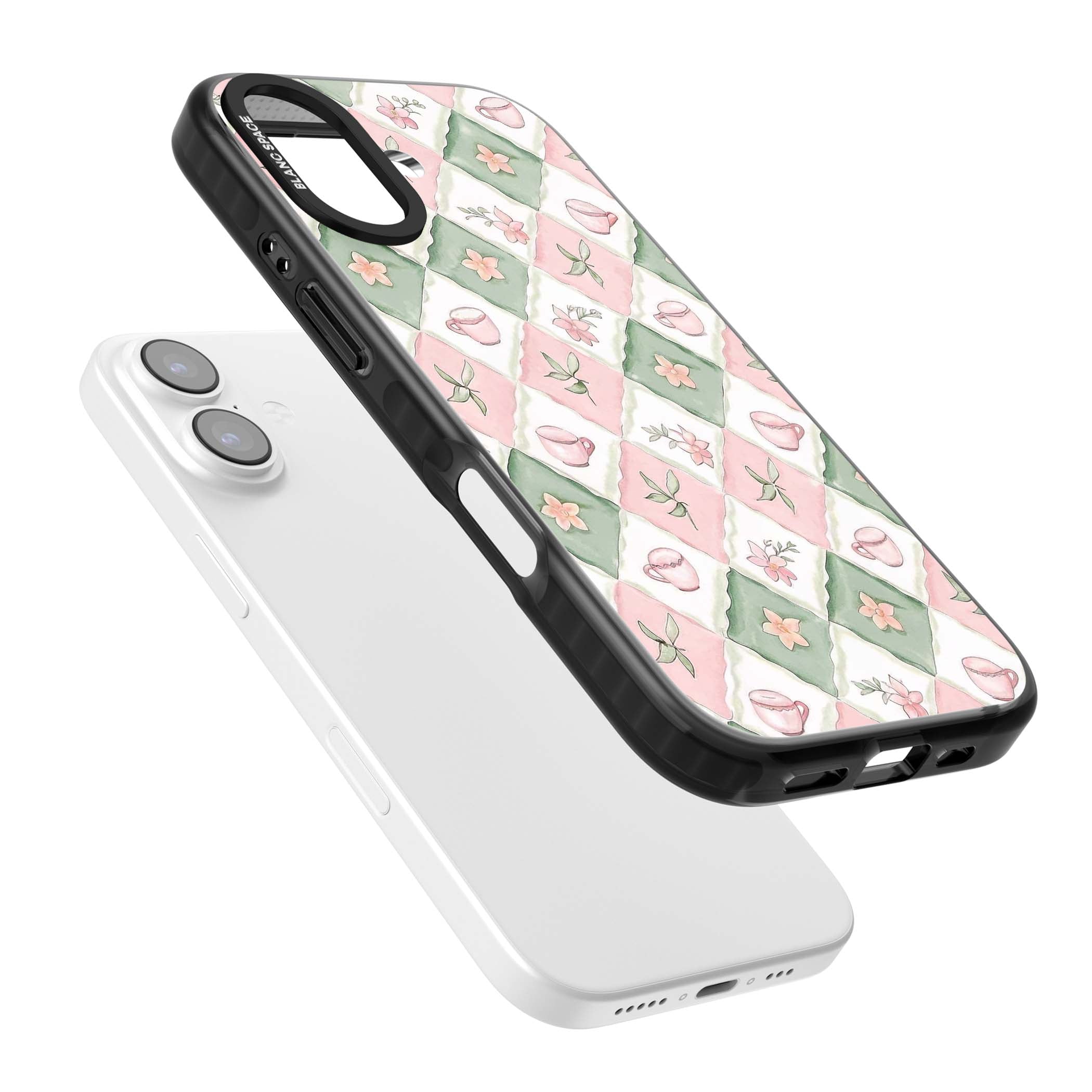 Garden Tea Party coquette iPhone case with pink and green checkered pattern, watercolour teacups and wildflowers | Black Impact Magsafe case for iPhone 17