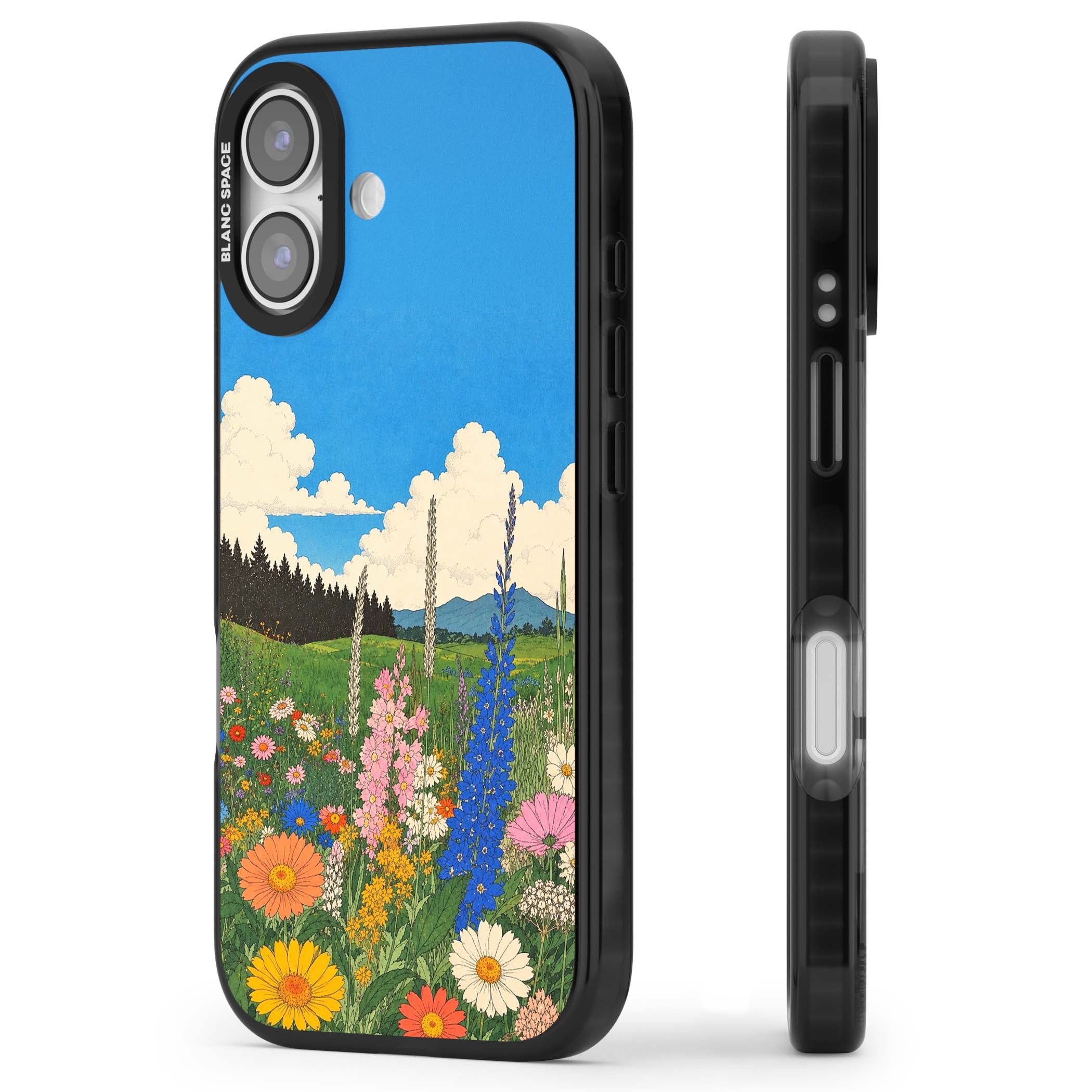 Wildbloom wildflower iPhone case featuring a vintage Japanese-style meadow landscape with daisies, delphiniums and moun | Black Impact Magsafe case for iPhone 17