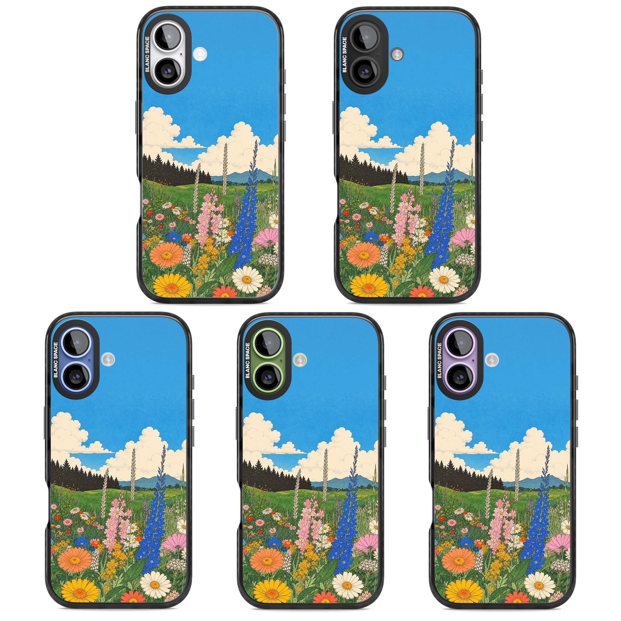 Wildbloom wildflower iPhone case featuring a vintage Japanese-style meadow landscape with daisies, delphiniums and moun | Black Impact Magsafe case for iPhone 17