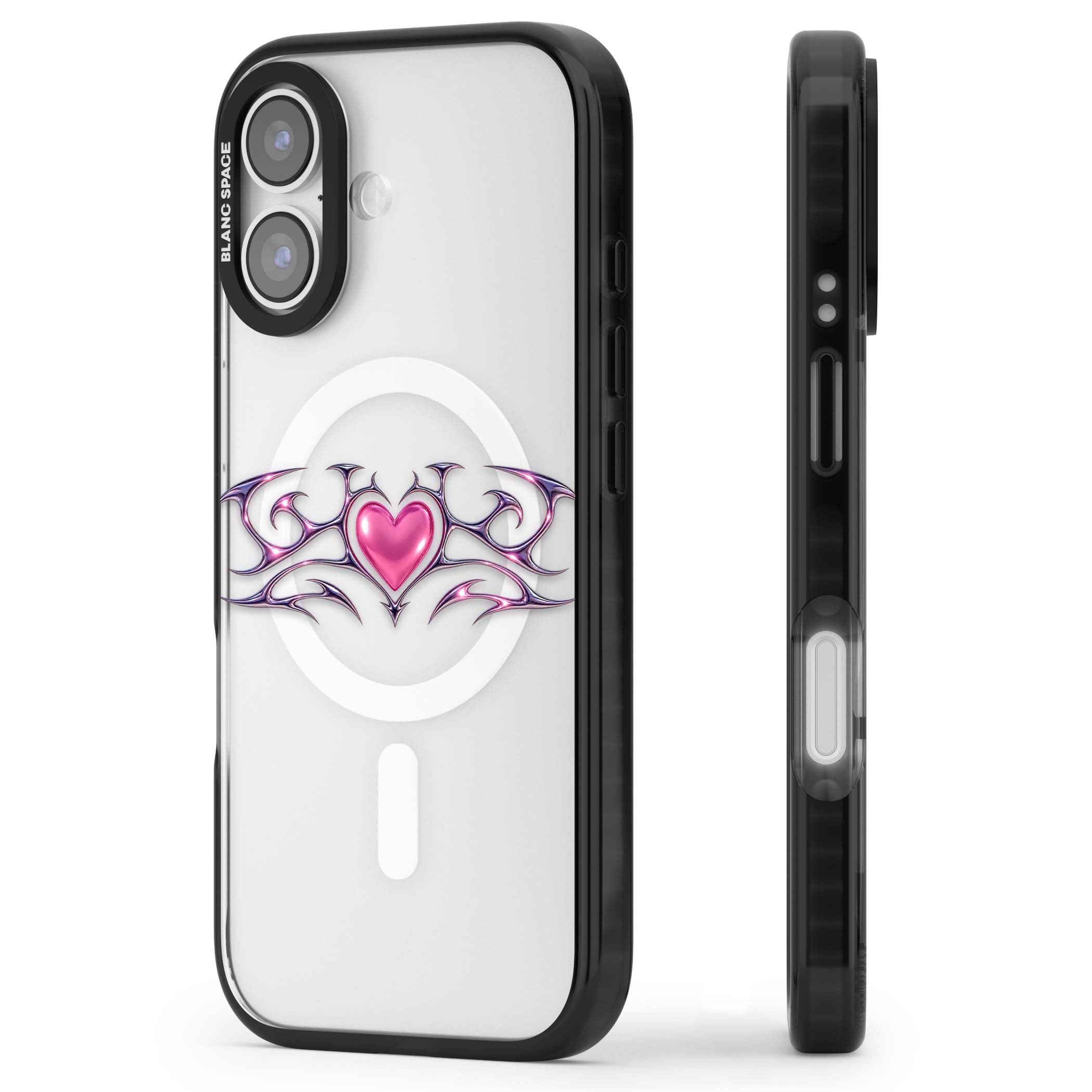 Pink Chrome Heart y2k iPhone case | Black Impact Magsafe case for iPhone 17