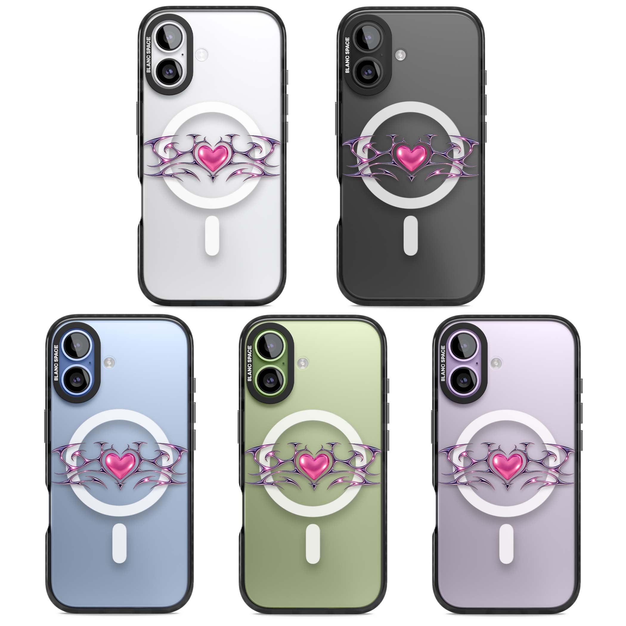 Pink Chrome Heart y2k iPhone case | Black Impact Magsafe case for iPhone 17