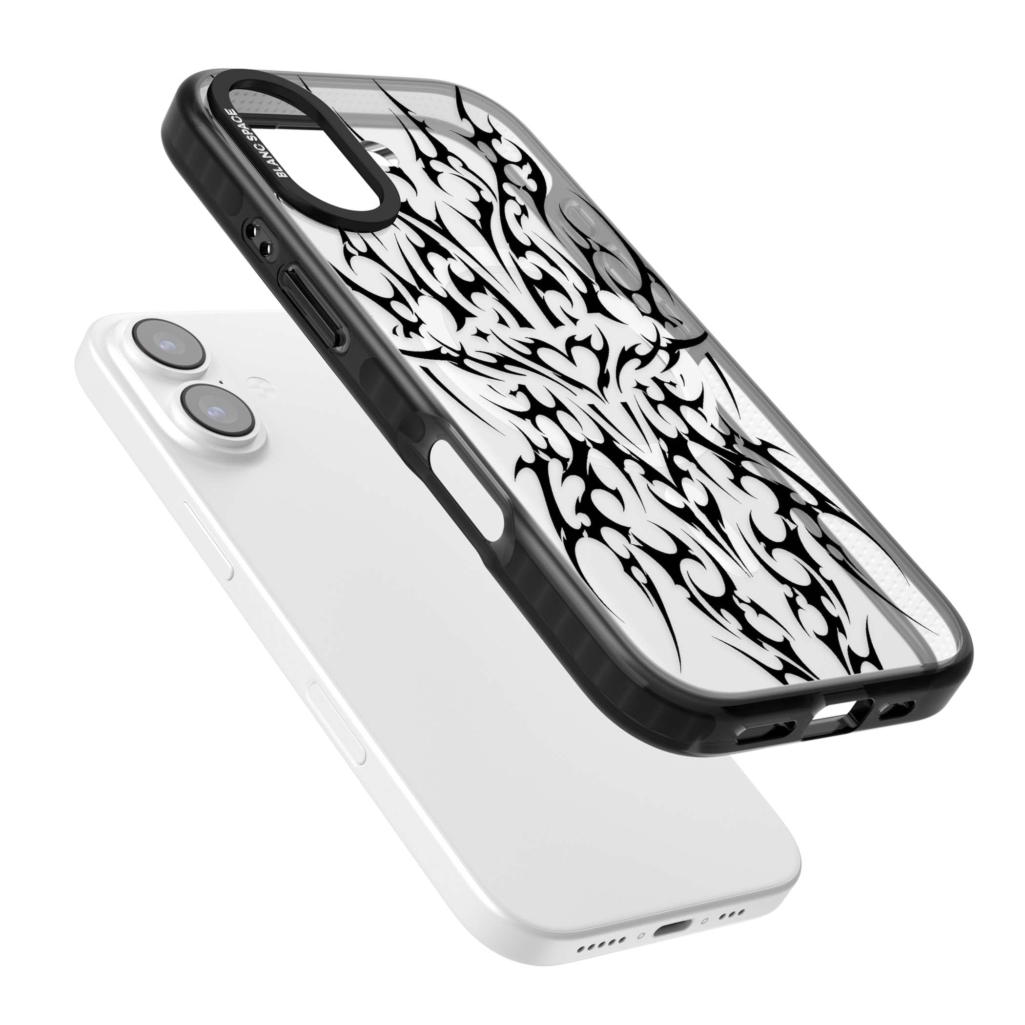 Neo Tribal Heart gothic iPhone case featuring symmetrical black tribal tattoo art with sharp thorn-like linework | Black Impact Magsafe case for iPhone 17