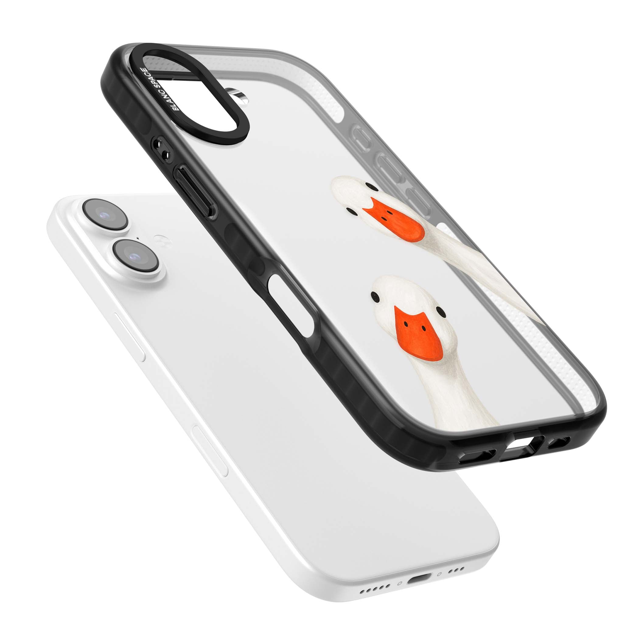 Nosy Ducks cottagecore iPhone case featuring two peeking white ducks with orange beaks on a clear background | Clear Impact case for iPhone 17