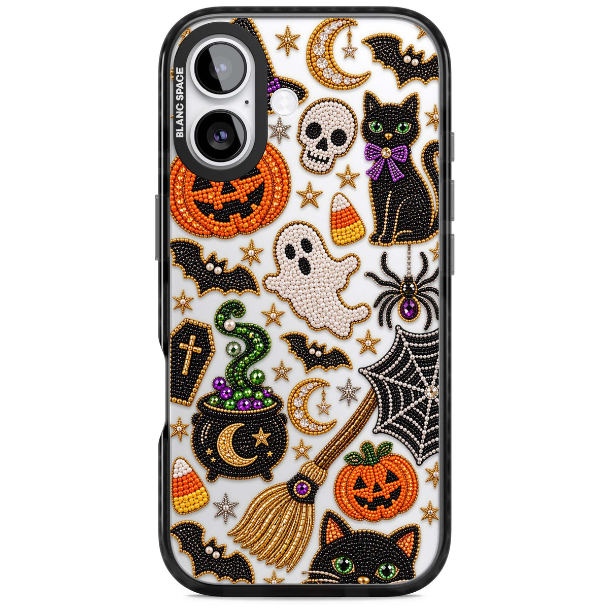Beaded Halloween Halloween iPhone case featuring beaded pumpkins, ghosts, black cats and bats | Clear Impact case for iPhone 17