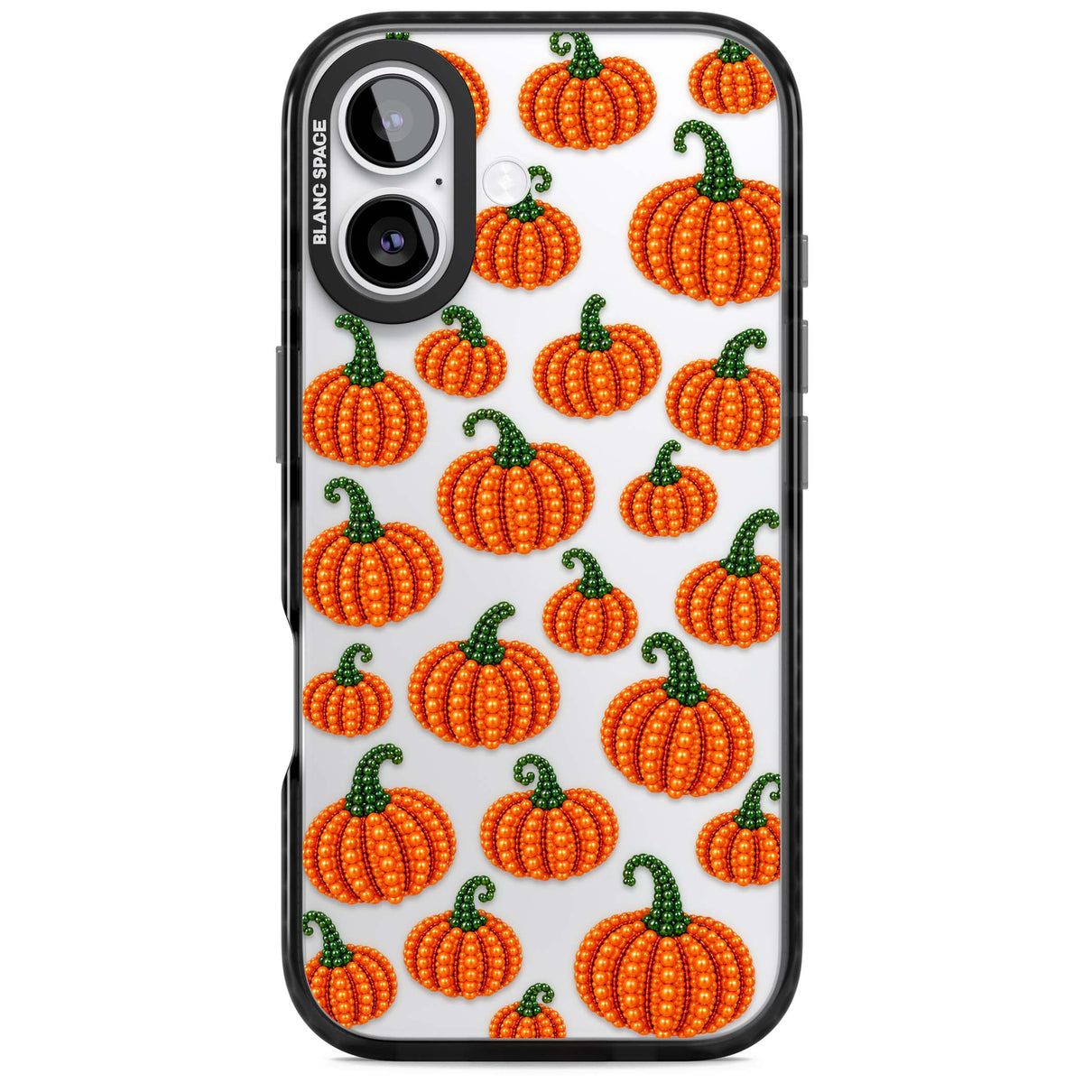 Beaded Pumpkins halloween iPhone case featuring beaded orange pumpkins with green stems on a clear background | Clear Impact case for iPhone 17