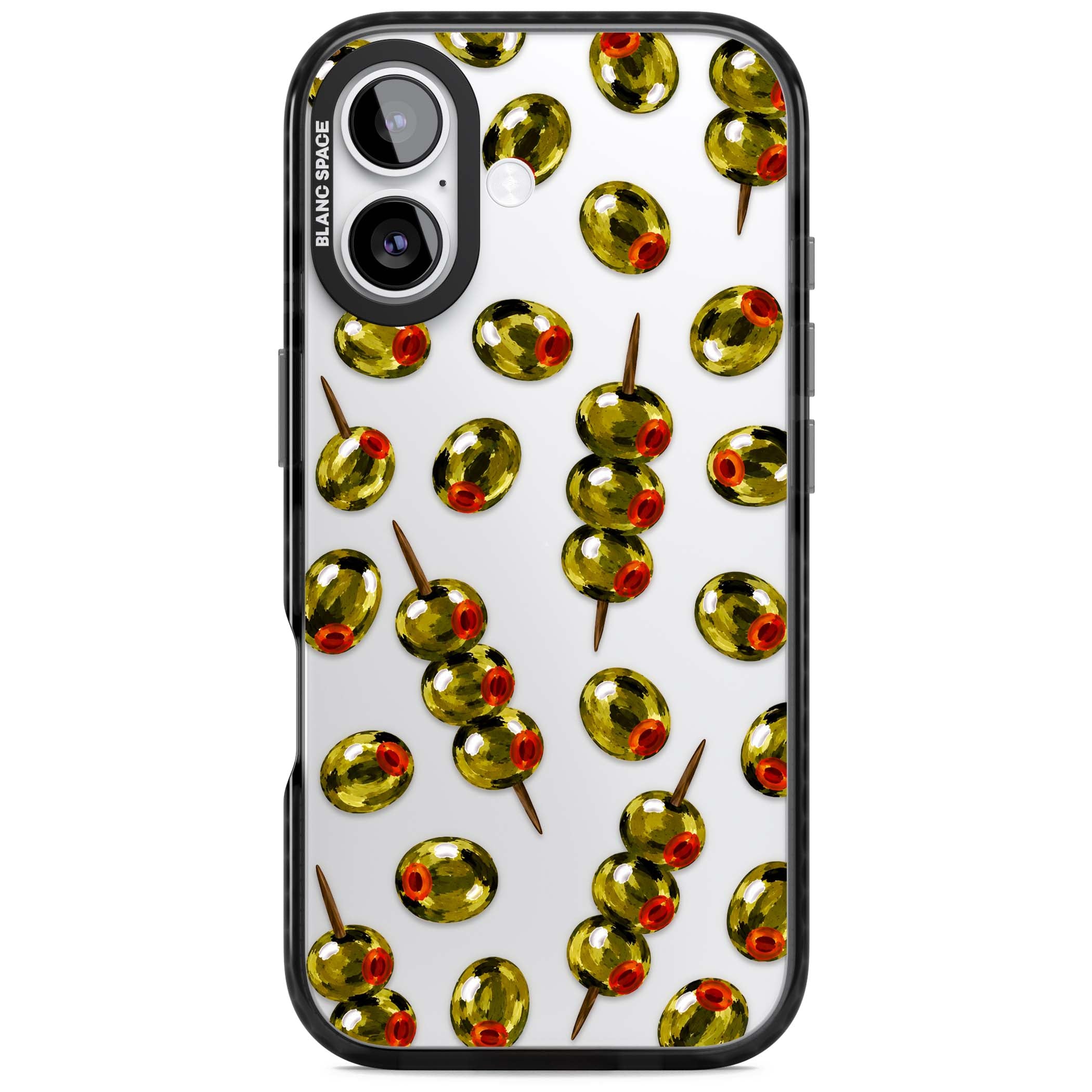 Painted Olives cocktail iPhone case featuring green olives, pimento centres and toothpick skewers on a clear background | Clear Impact case for iPhone 17