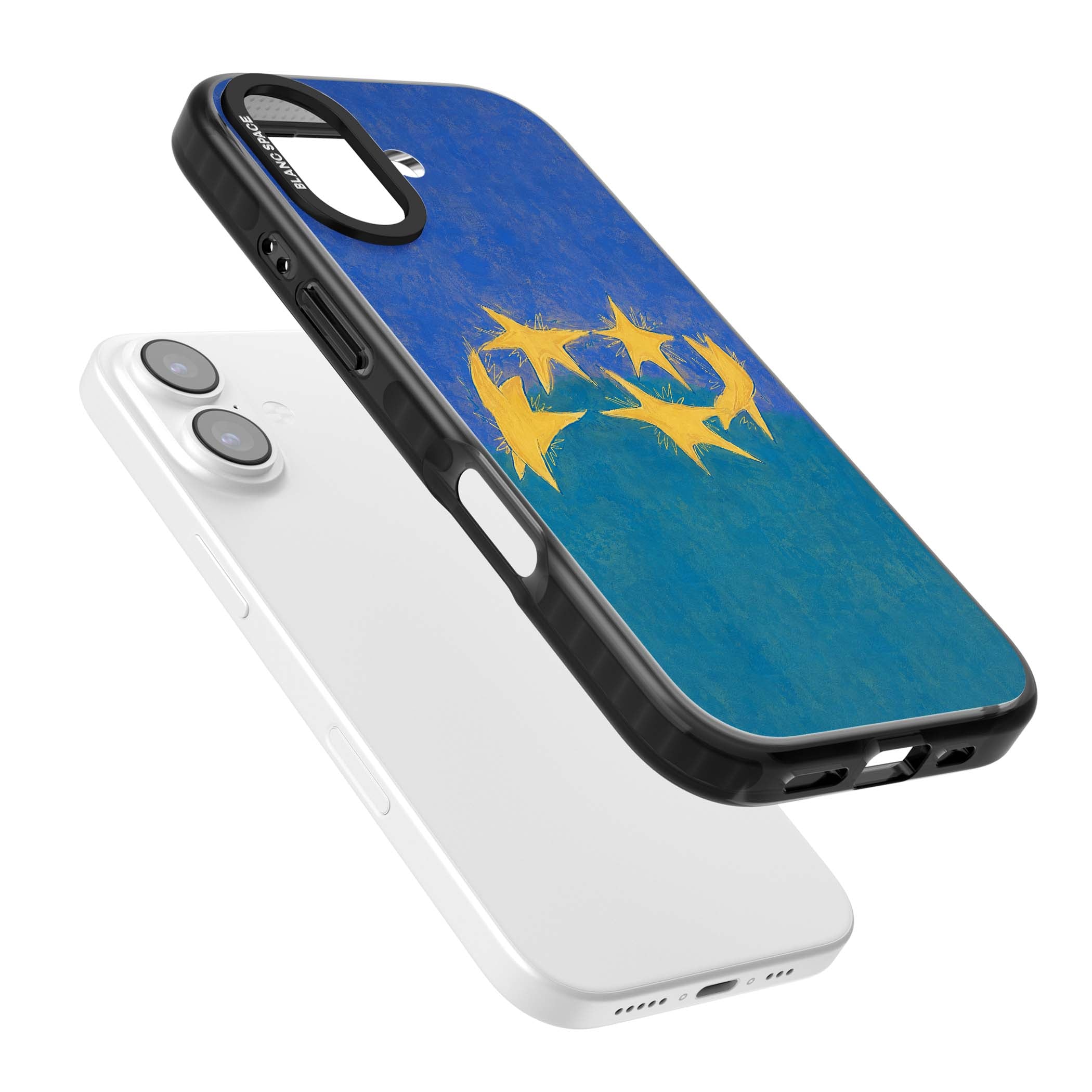 Star Boogie stars aesthetic iPhone case featuring five yellow hand-painted stars on cobalt blue and teal | Clear Impact case for iPhone 17