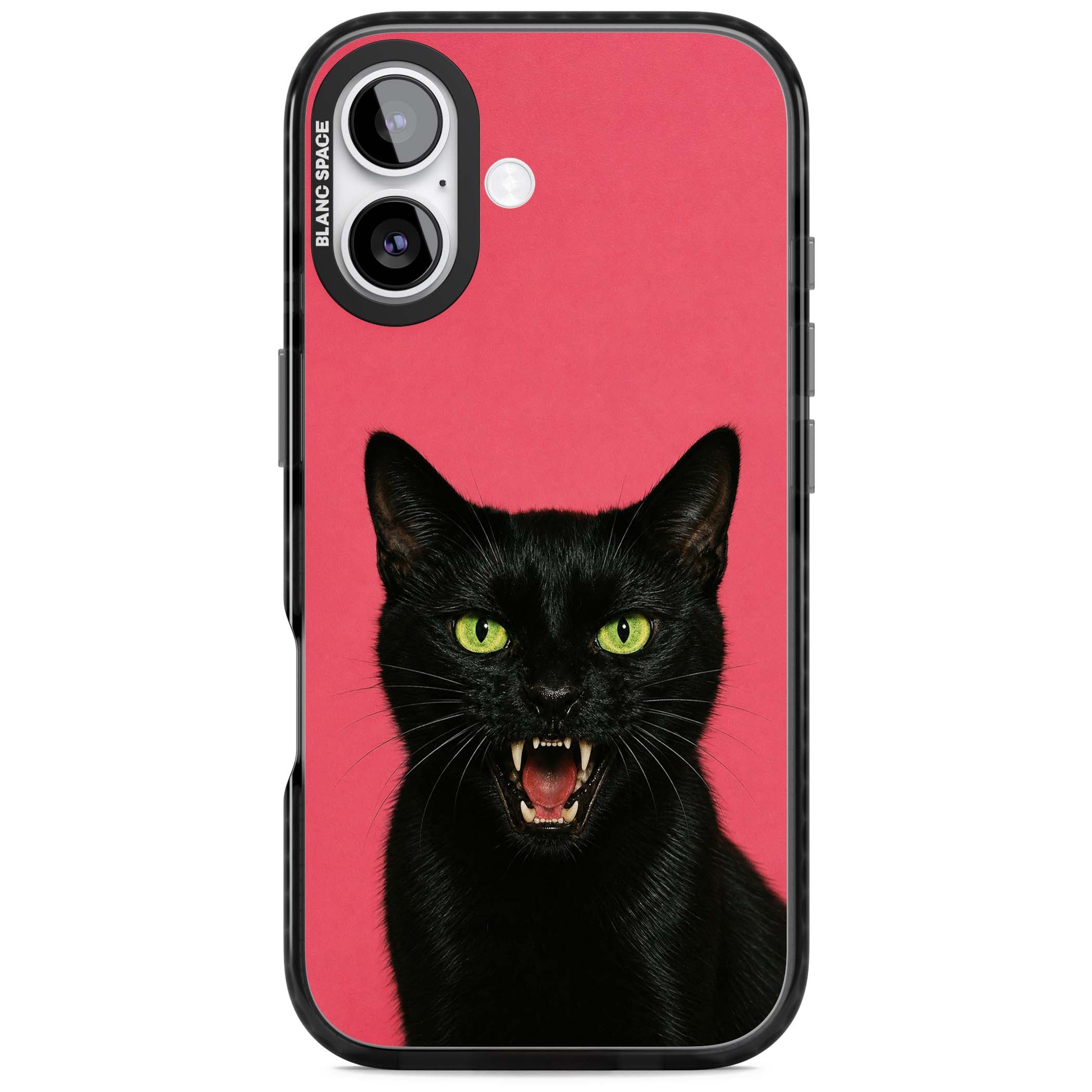 Hissin' Baddie black cat iPhone case featuring a hissing feline with green eyes on a hot pink background | Clear Impact case for iPhone 17