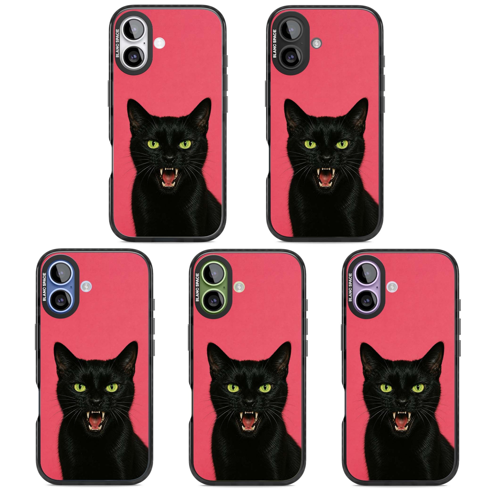 Hissin' Baddie black cat iPhone case featuring a hissing feline with green eyes on a hot pink background | Clear Impact case for iPhone 17