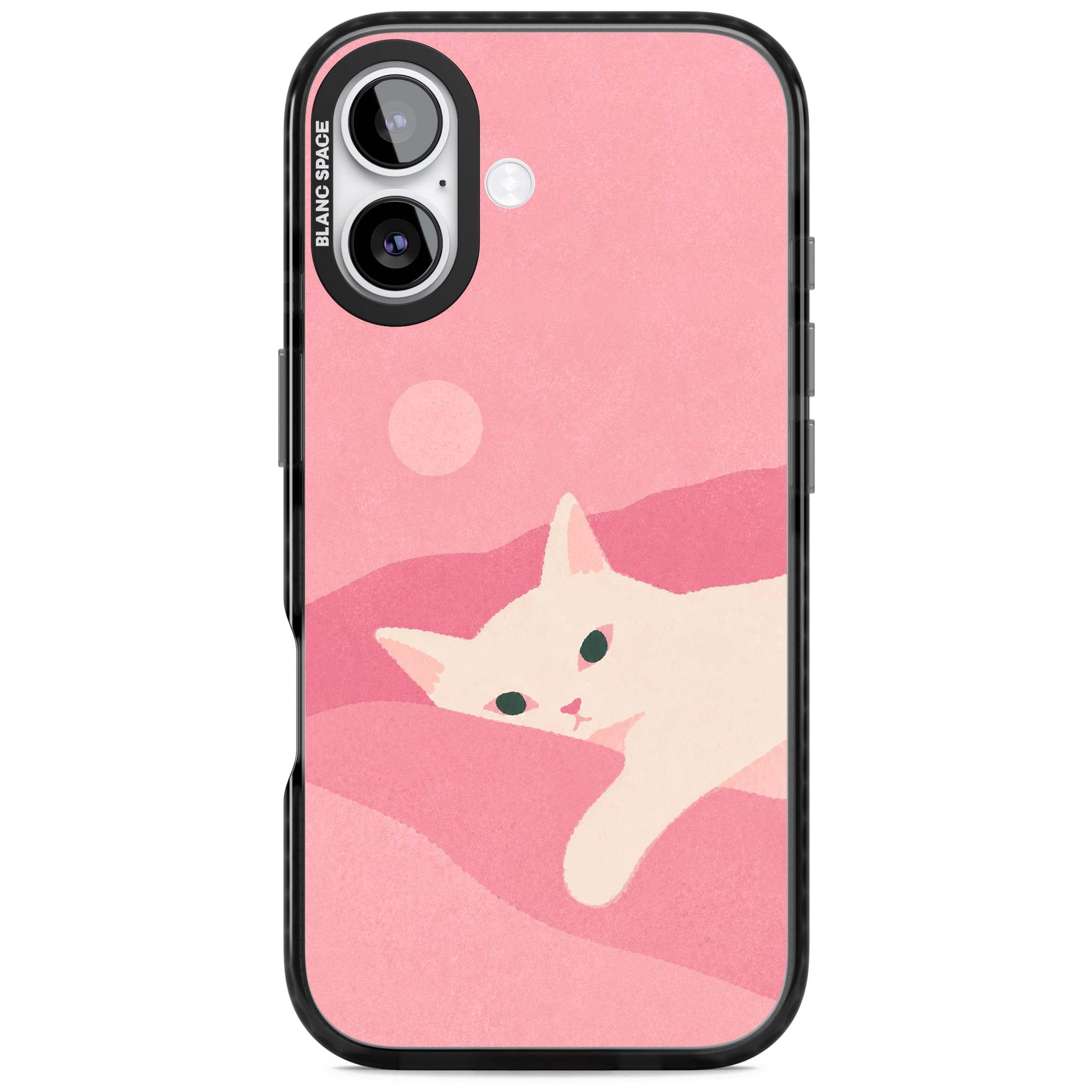 Pink Dreams cute cat iPhone case featuring a white kitten, soft pink hills and a pale pastel sun | Clear Impact case for iPhone 17
