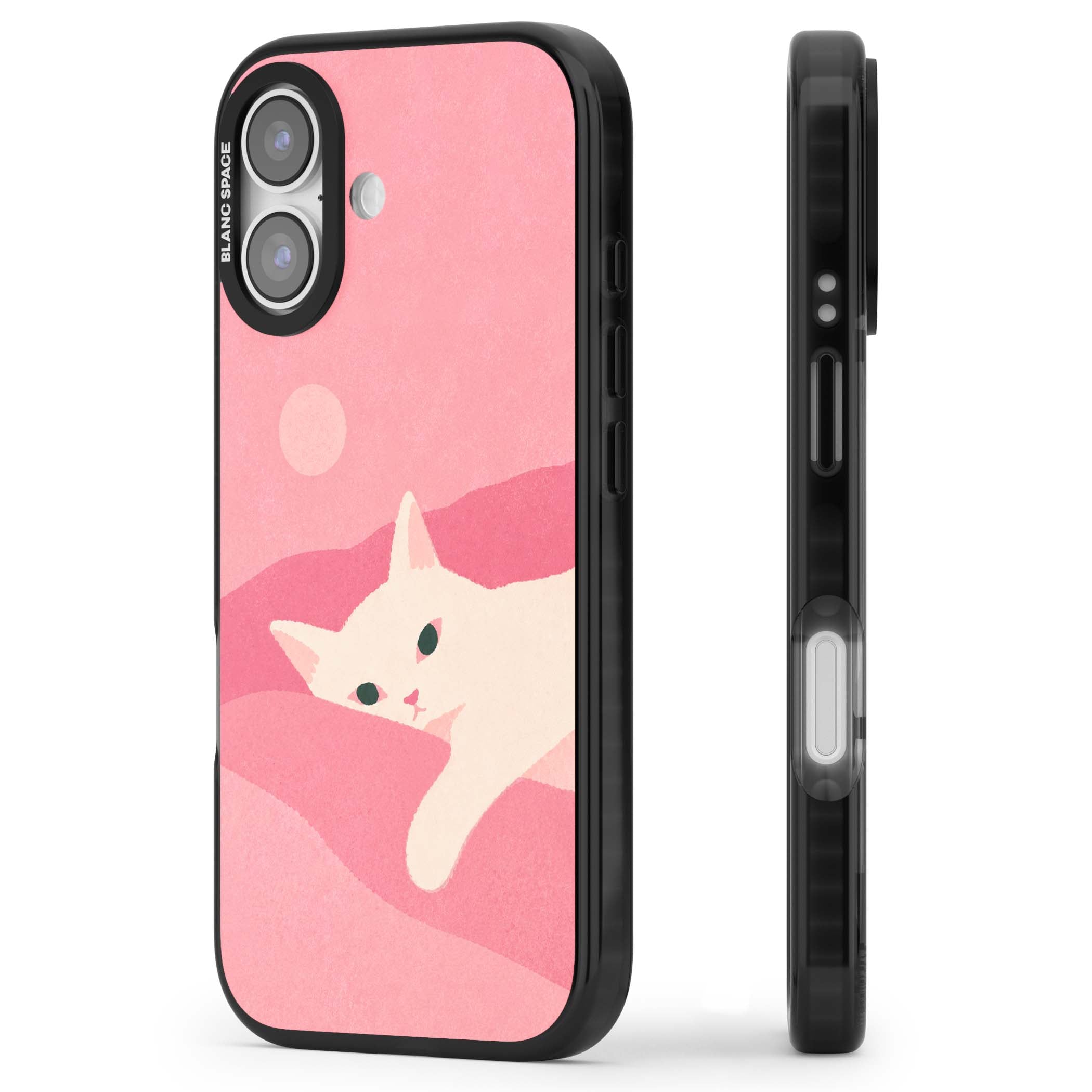 Pink Dreams cute cat iPhone case featuring a white kitten, soft pink hills and a pale pastel sun | Clear Impact case for iPhone 17