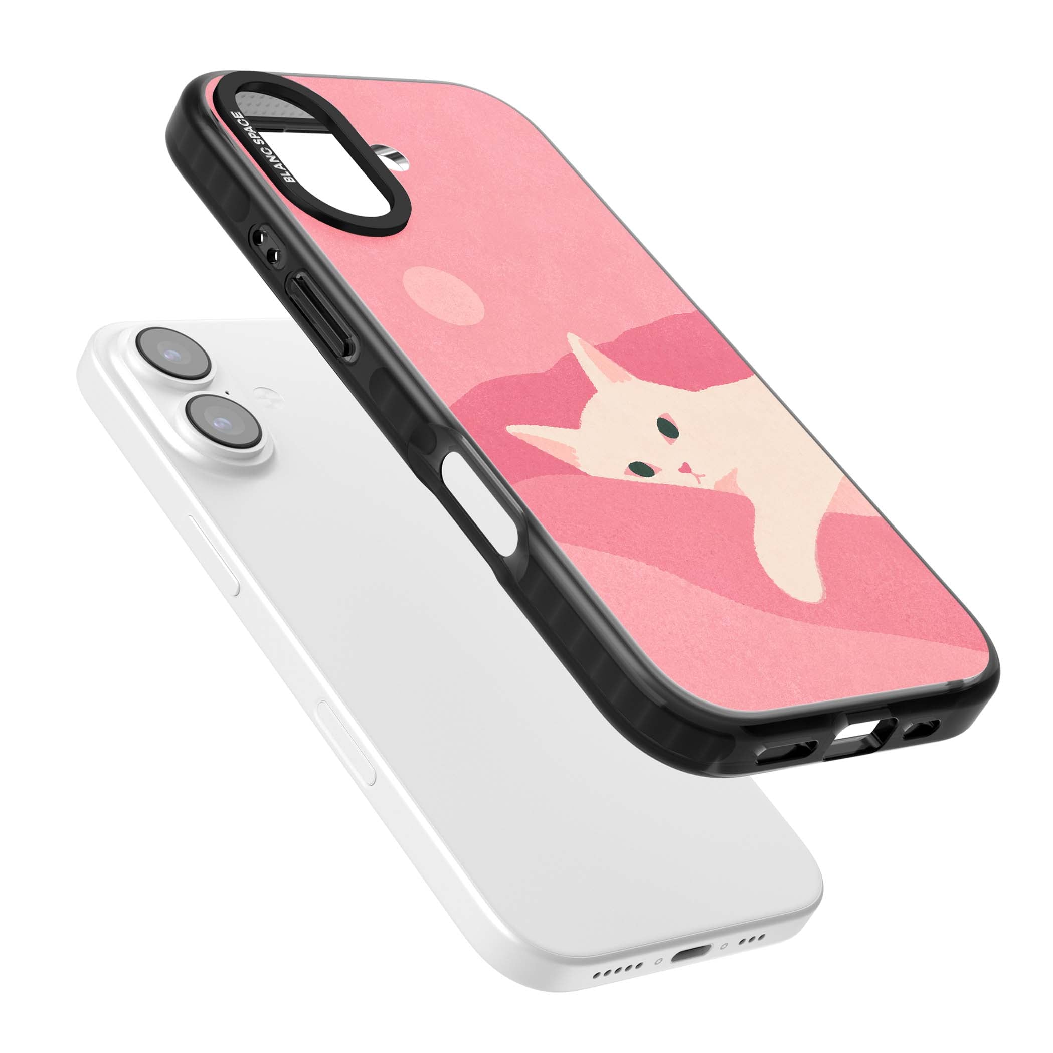 Pink Dreams cute cat iPhone case featuring a white kitten, soft pink hills and a pale pastel sun | Clear Impact case for iPhone 17