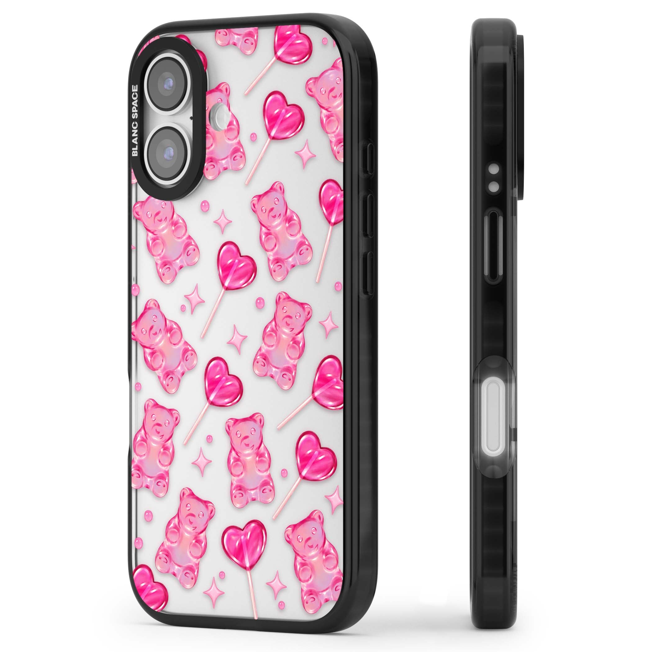 Pink Sugar pinkcore iPhone case featuring pink gummy bears, heart-shaped lollipops and sparkle stars | Clear Impact case for iPhone 17