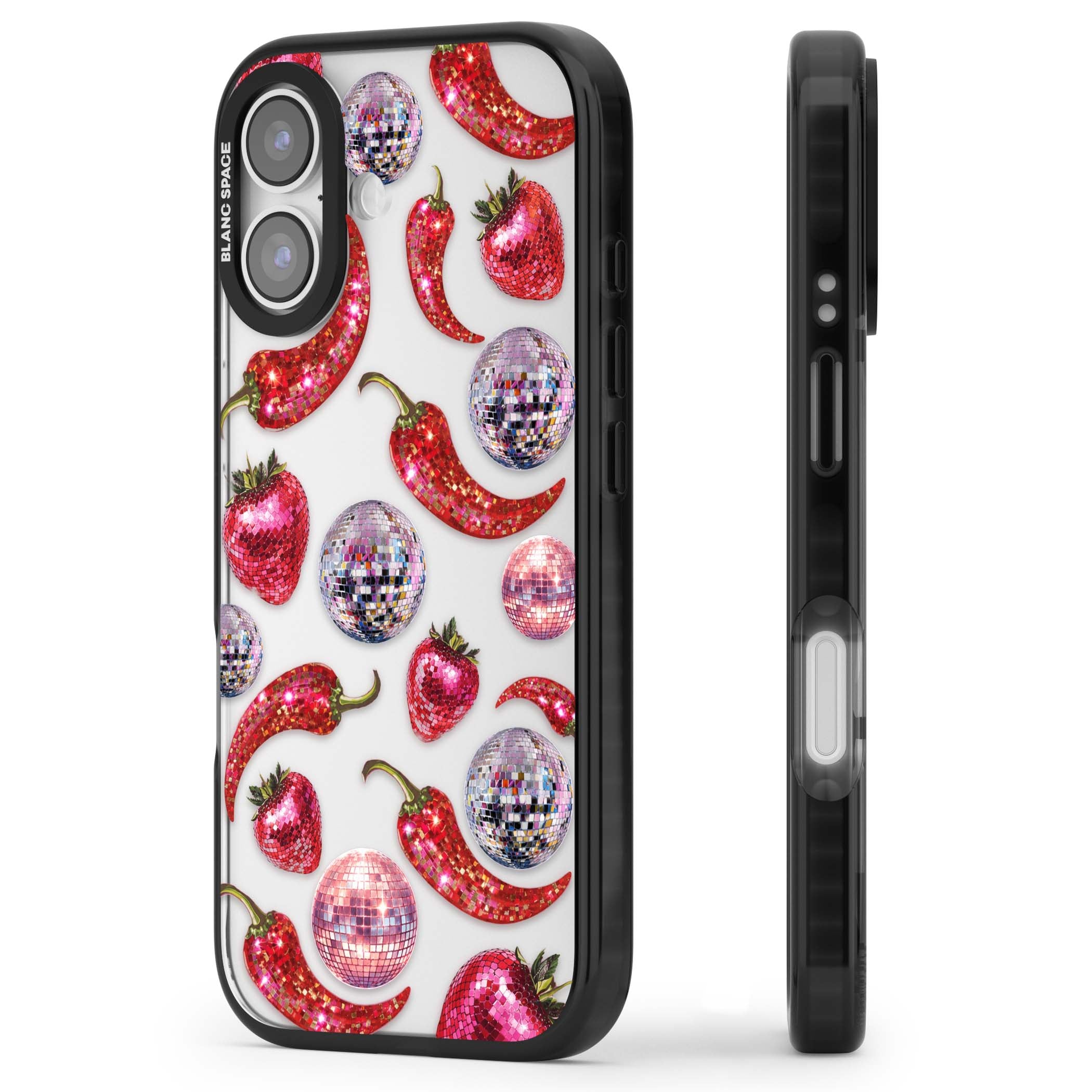 Spicy Disco Y2K iPhone case featuring glitter disco balls, sparkly strawberries and red chilli peppers | Clear Impact case for iPhone 17