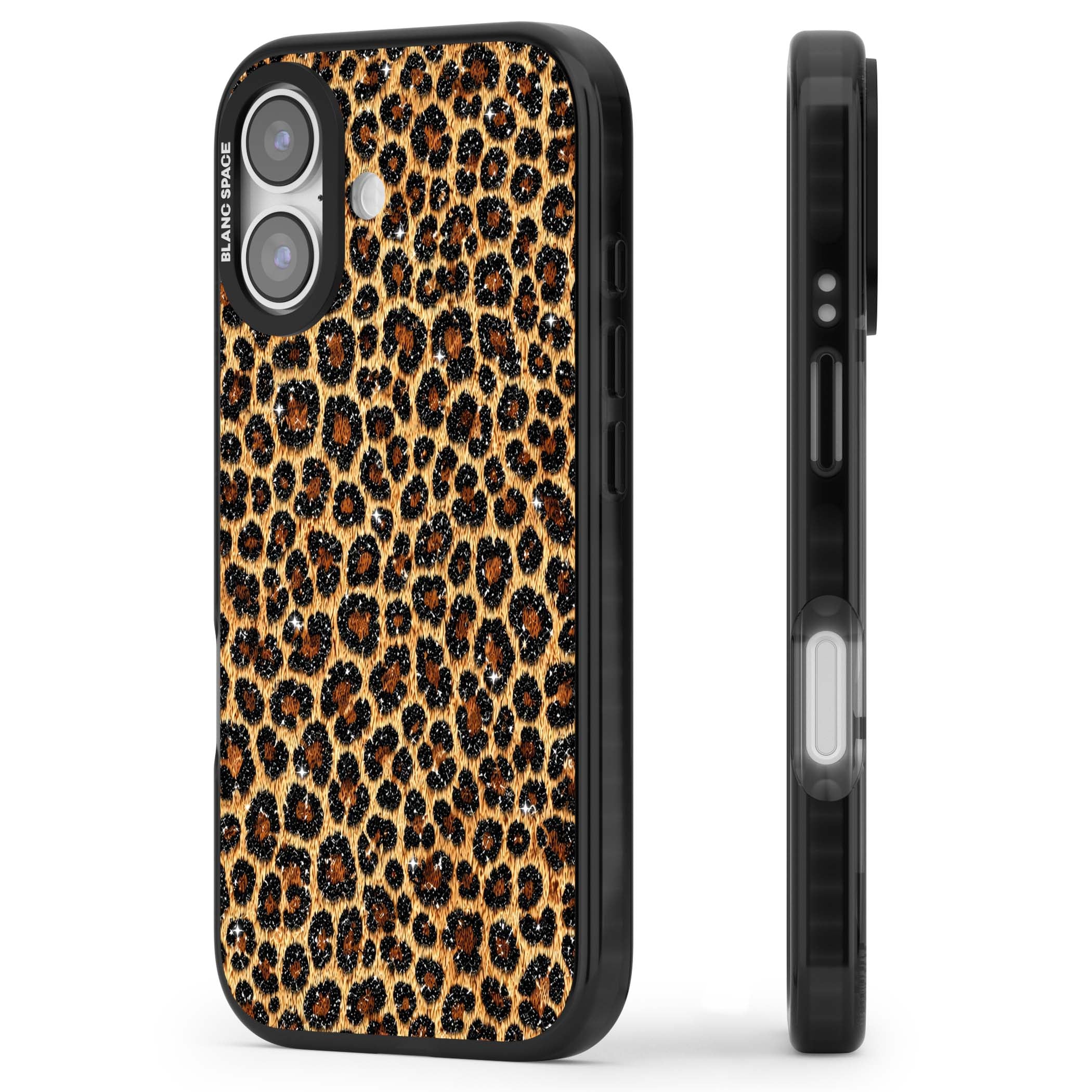 Diamond Leopard leopard print iPhone case featuring golden tan fur, black rosette spots and subtle glitter sparkle | Clear Impact case for iPhone 17