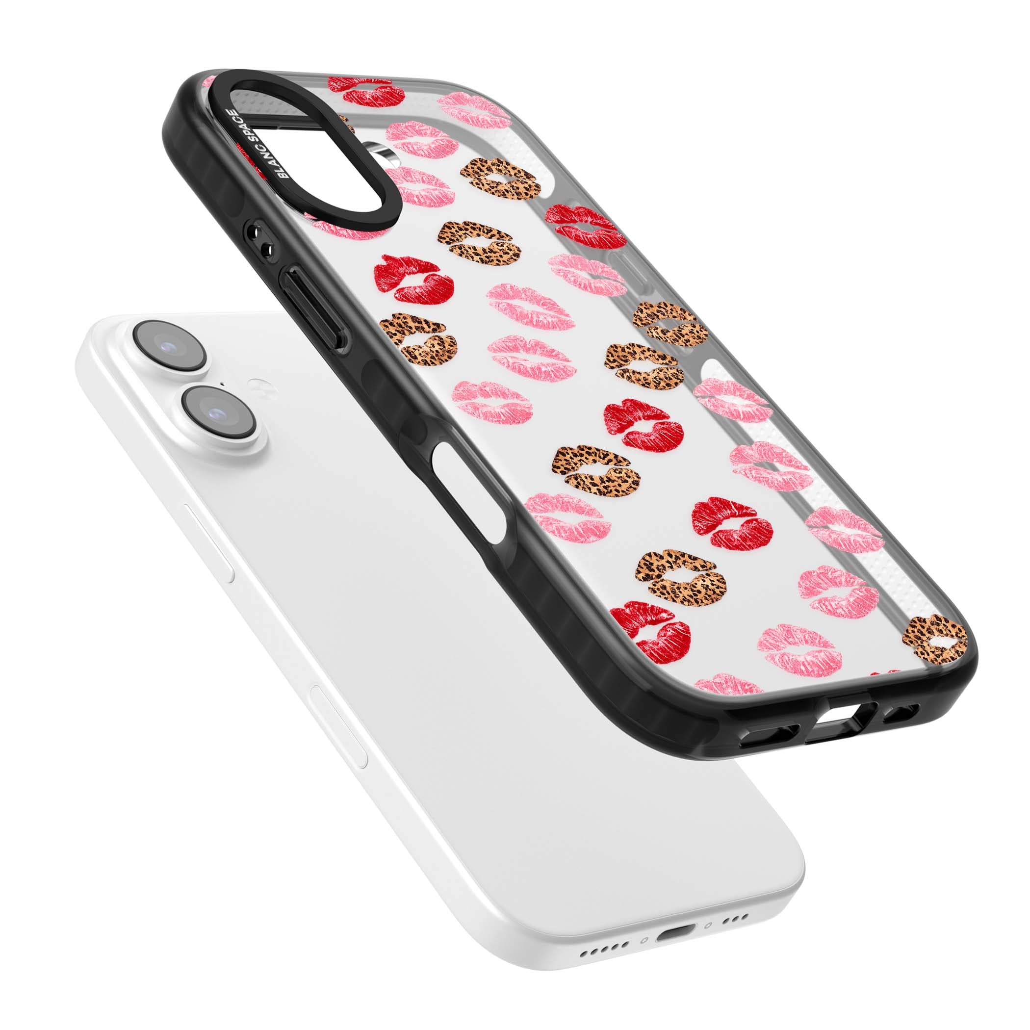 Wild Kisses coquette iPhone case featuring red, pink and leopard print lipstick kiss marks on a clear background | Clear Impact case for iPhone 17