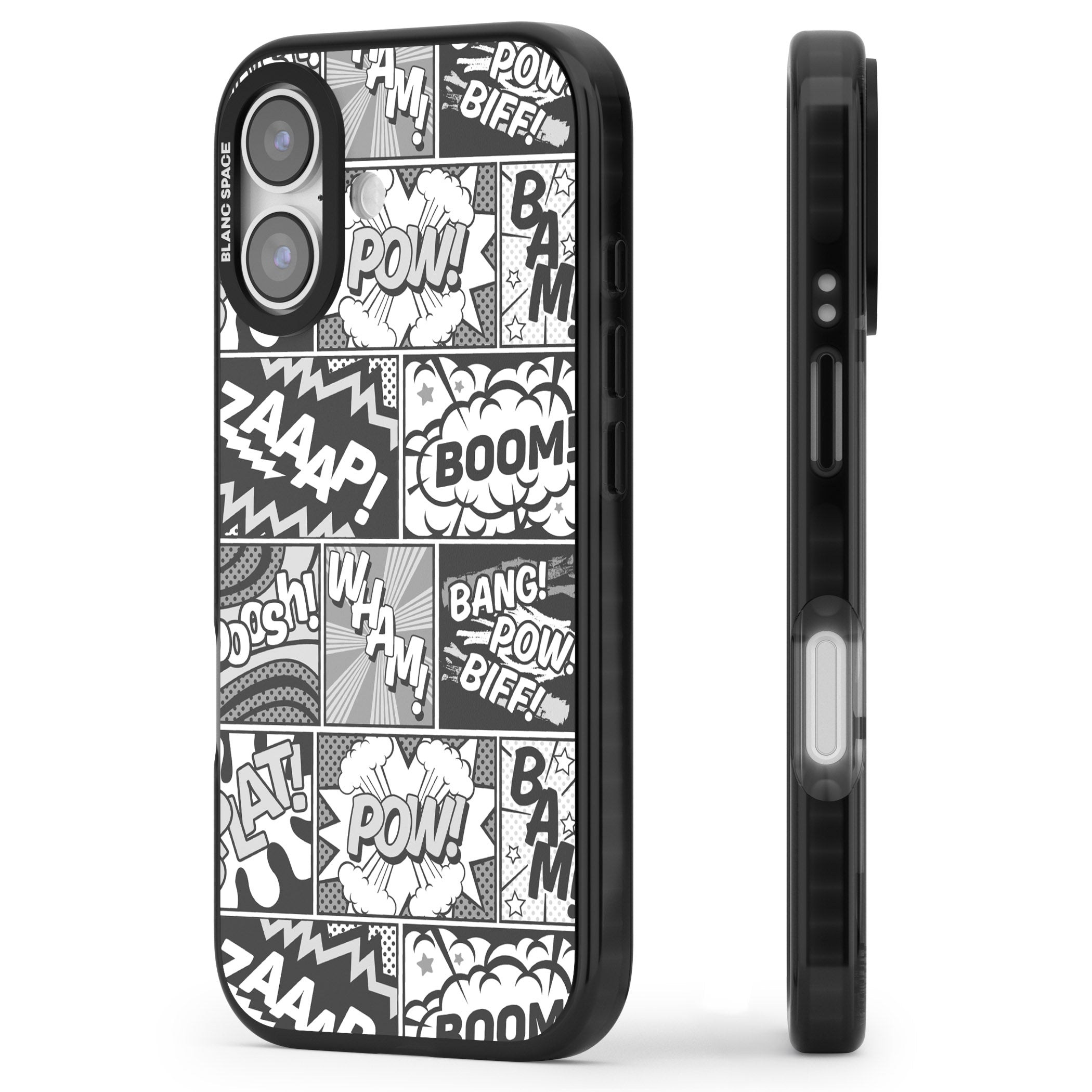 Onomatopoeia (Black & White) iPhone 17 Impact Black Phone Case Side Profile