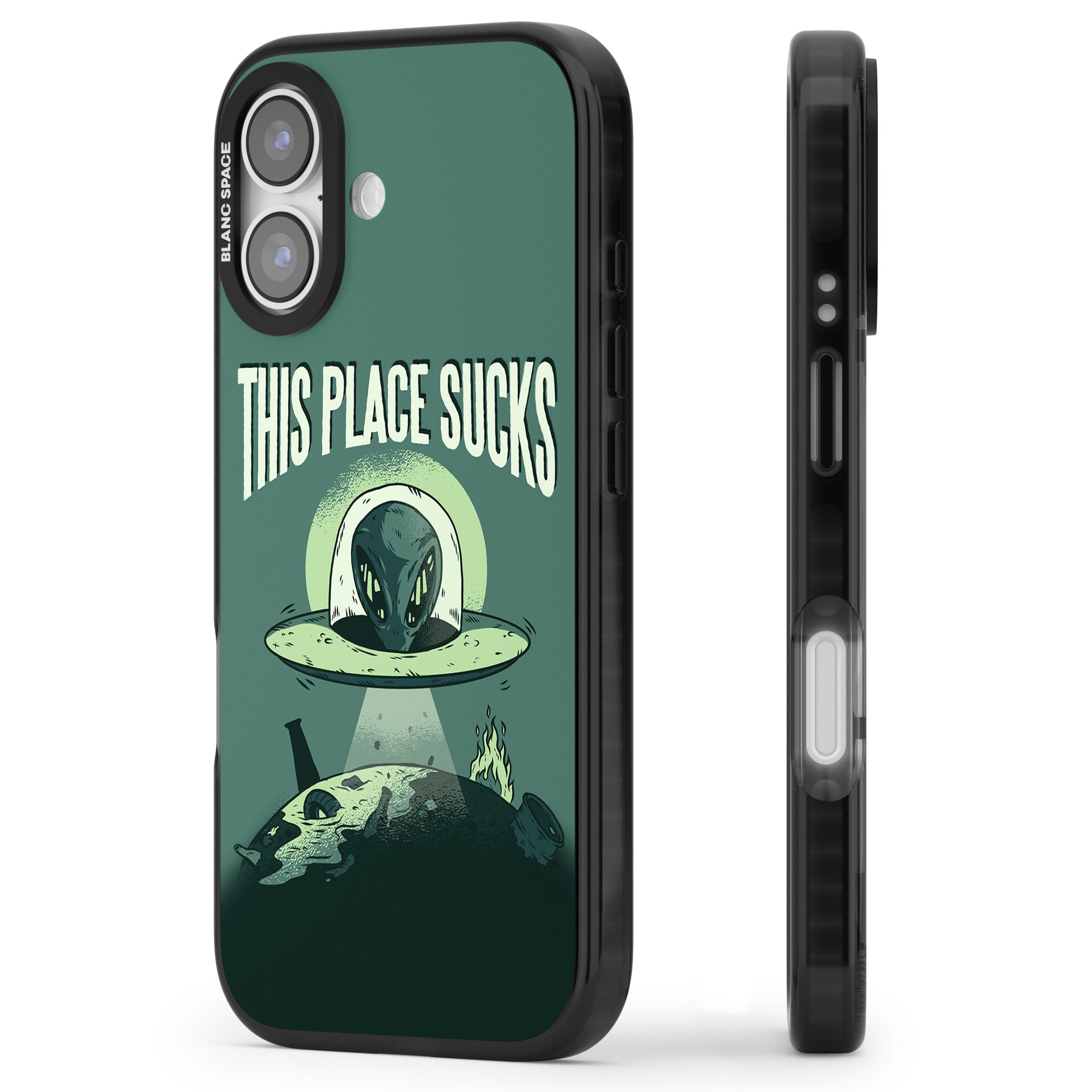 Earth Sucks iPhone 17 Impact Black Phone Case Side Profile
