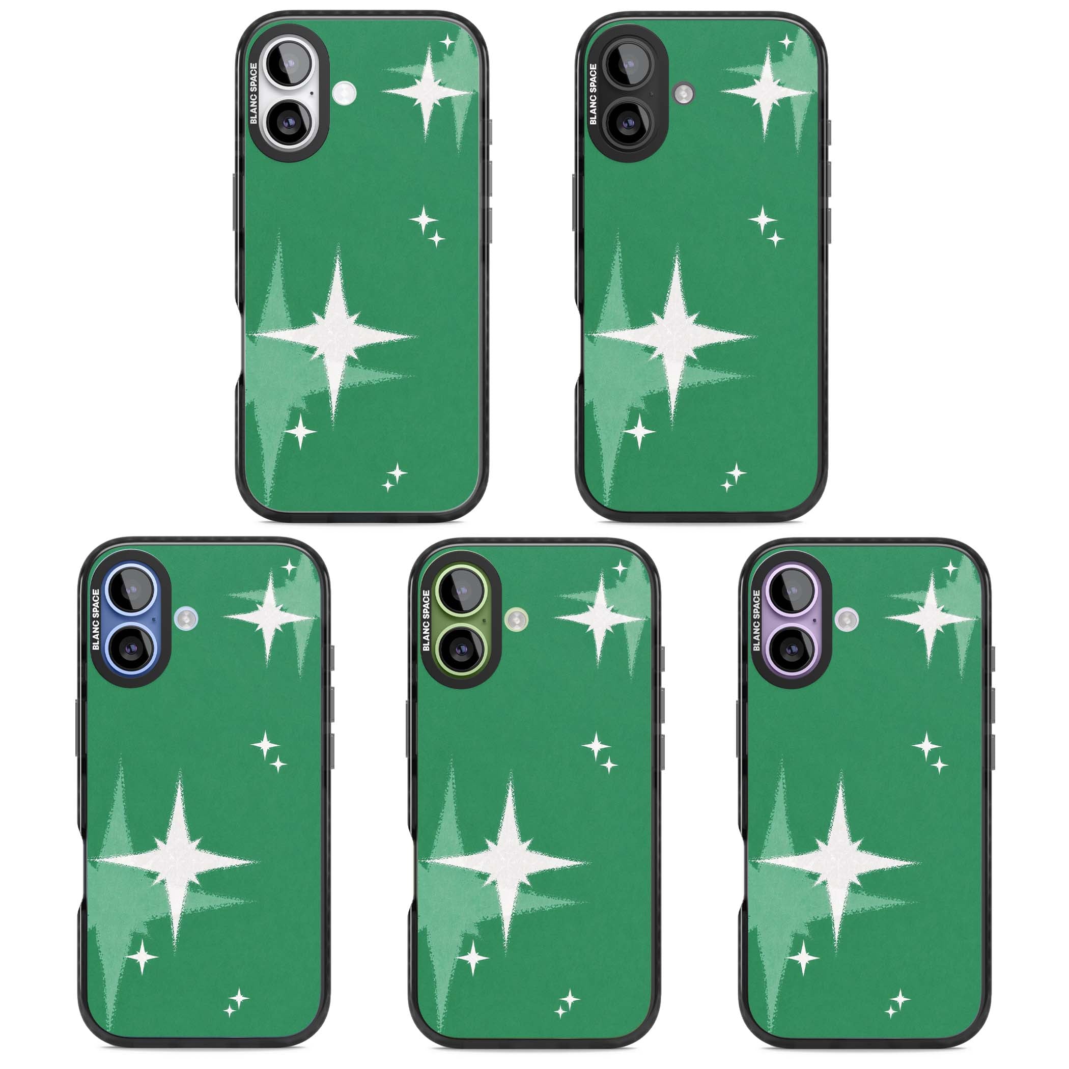 Green Sparkle celestial iPhone case featuring sparkling white four-point stars on a deep green background | Clear Impact case for iPhone 17