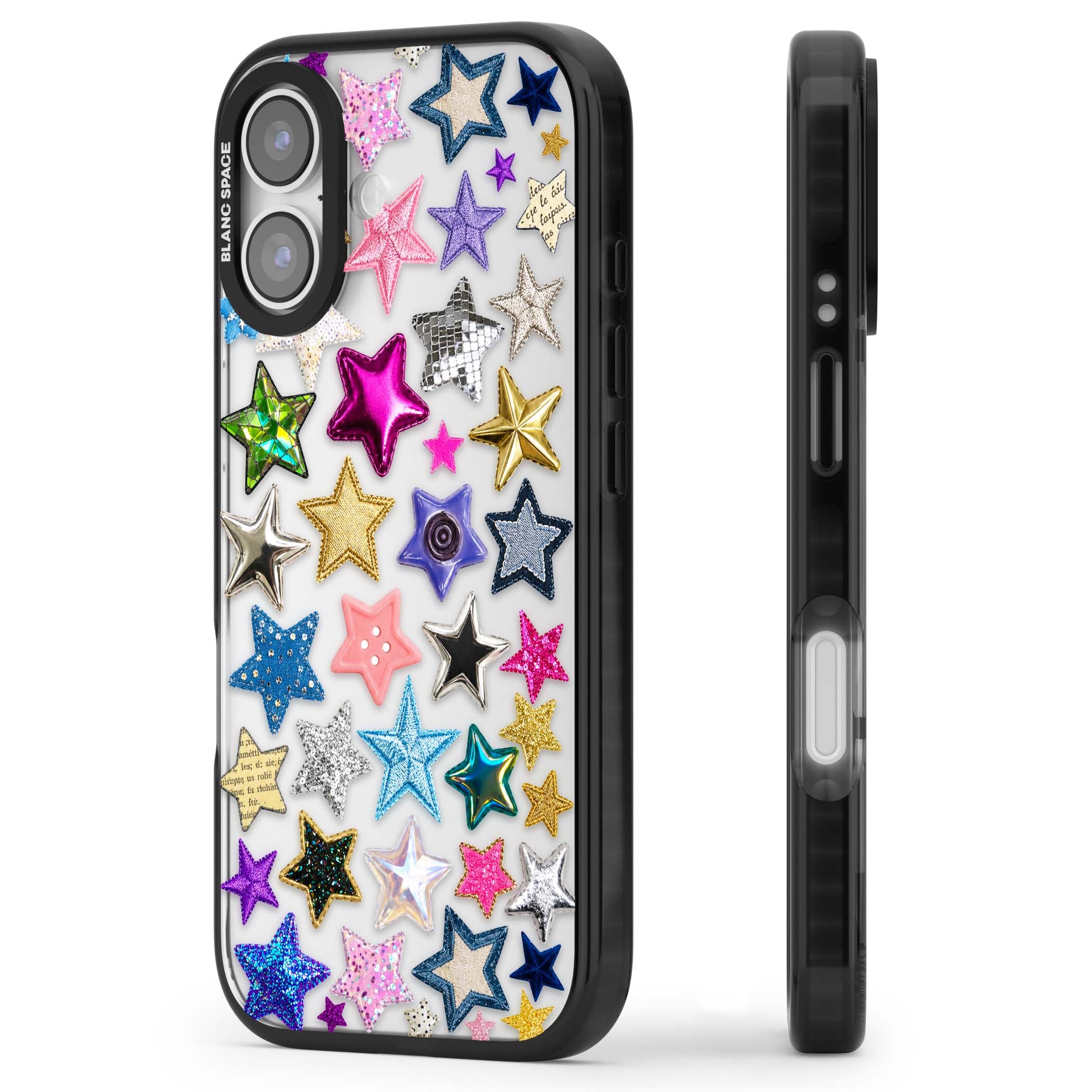 Crafty Star Mix Y2K iPhone case featuring embroidered, sequinned and glitter star patches in rainbow colours | Clear Impact case for iPhone 17