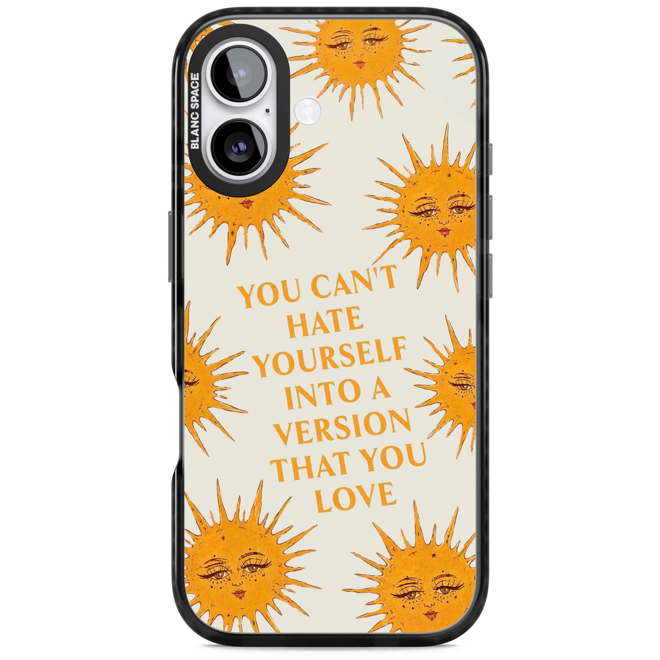 Don't Hate Yourself celestial iPhone case featuring vintage sun faces, ochre rays and a self-love quote | Clear Impact case for iPhone 17