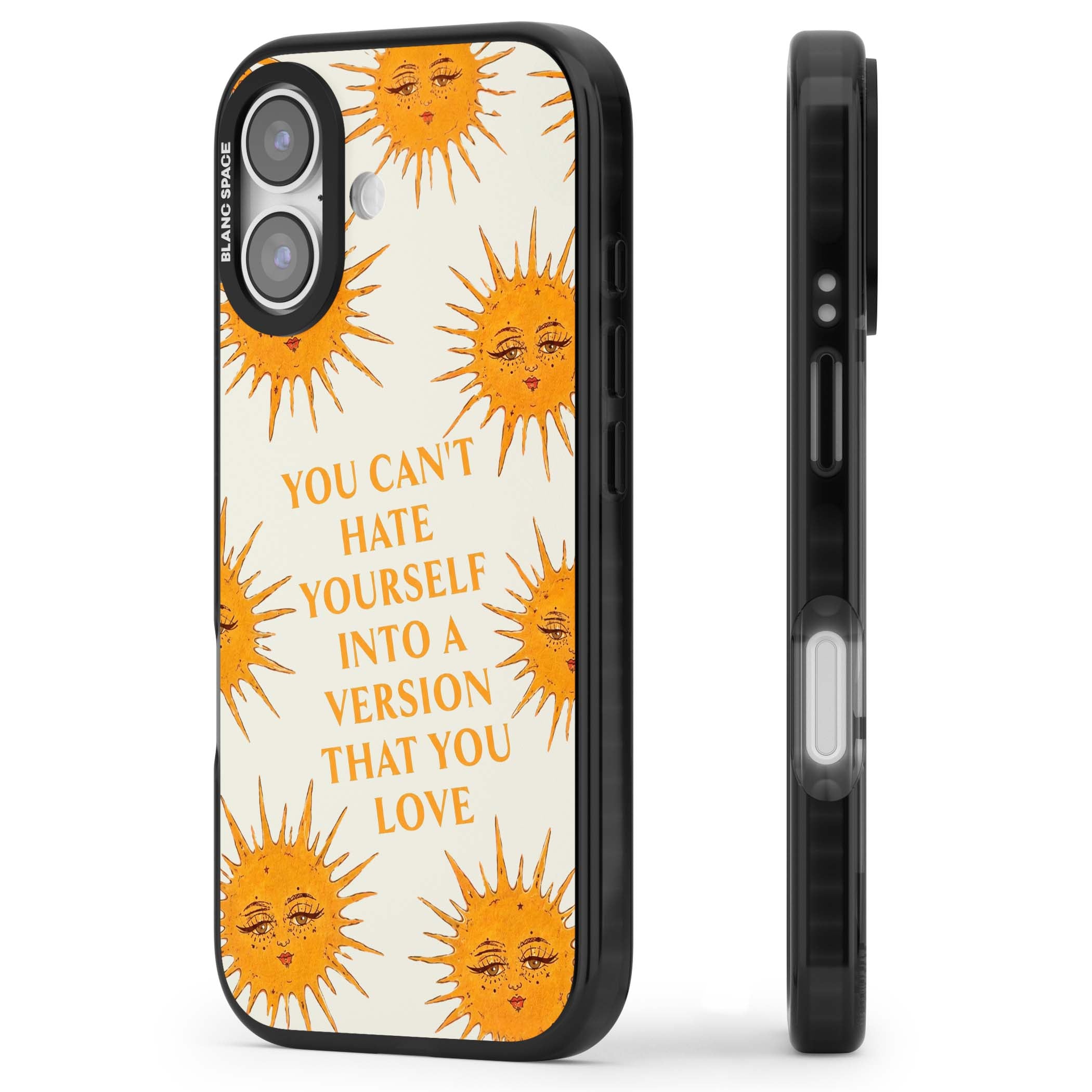 Don't Hate Yourself celestial iPhone case featuring vintage sun faces, ochre rays and a self-love quote | Clear Impact case for iPhone 17