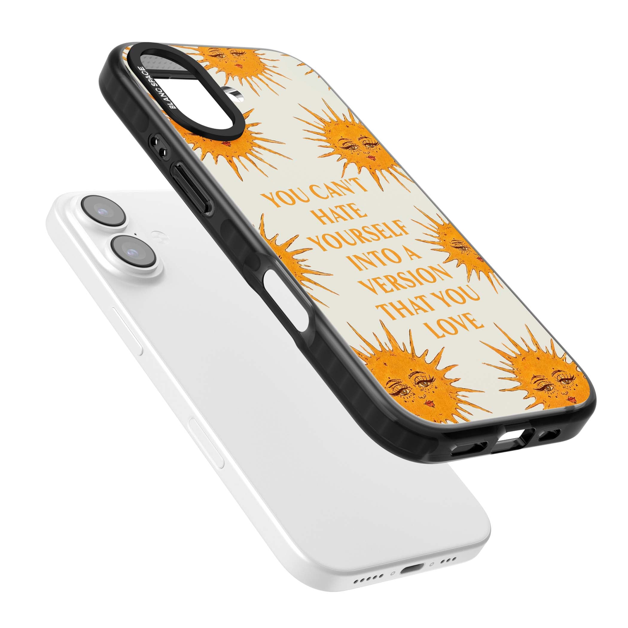 Don't Hate Yourself celestial iPhone case featuring vintage sun faces, ochre rays and a self-love quote | Clear Impact case for iPhone 17