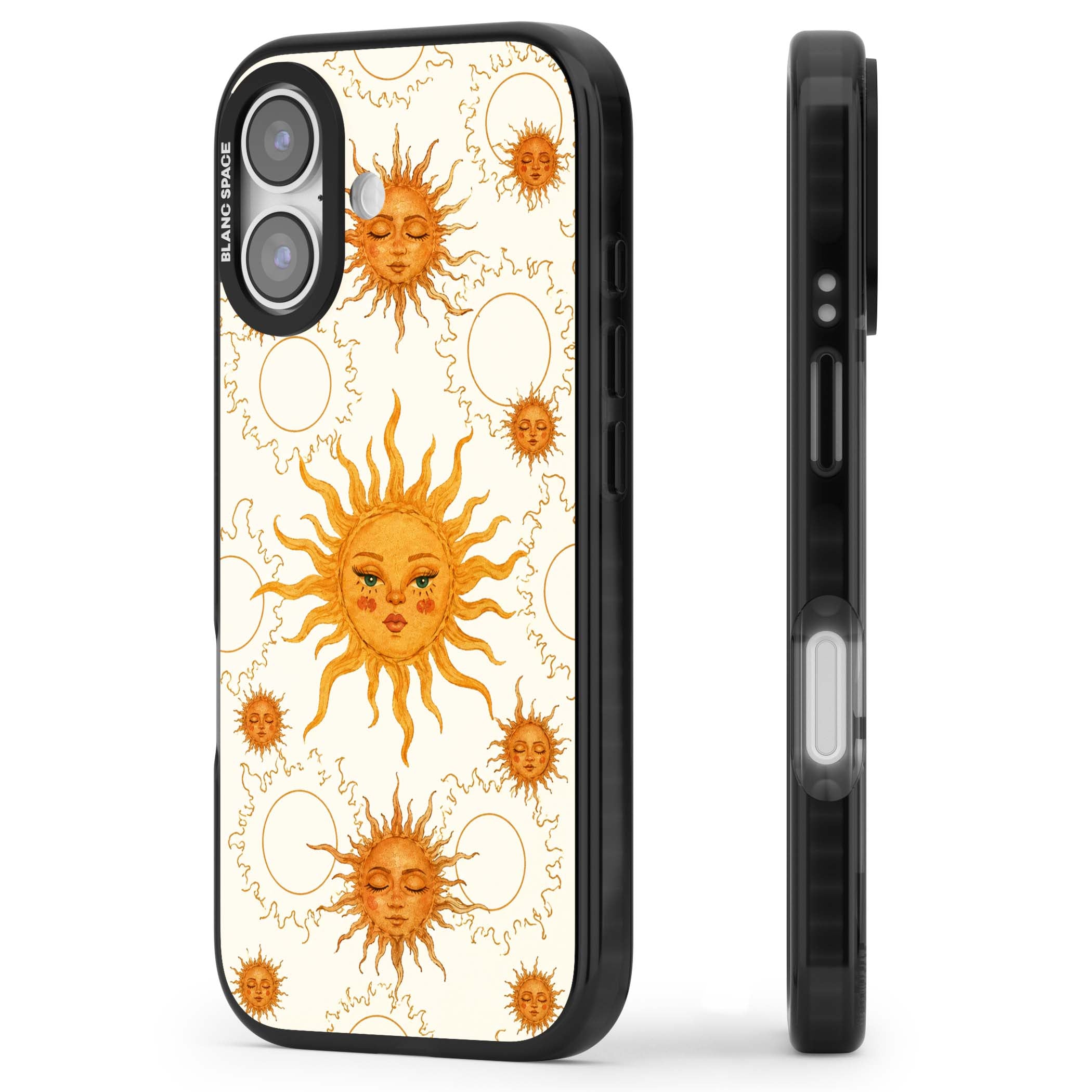 Solstice Muse celestial iPhone case featuring hand-painted golden sun faces, closed-eye sun goddesses and outlined moons... | Clear Impact case for iPhone 17