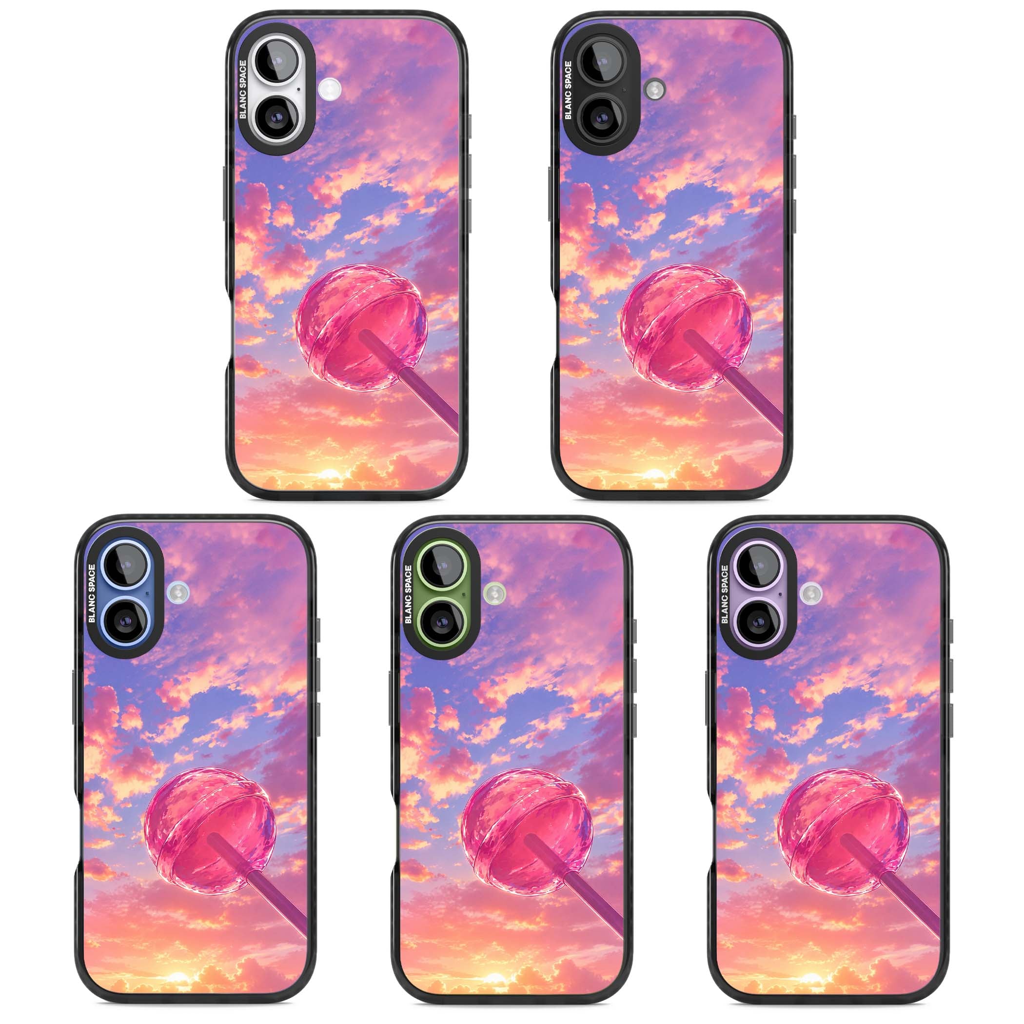 Sugar Sunset candy aesthetic iPhone case featuring a pink lollipop, pastel sunset sky and dreamy clouds | Clear Impact case for iPhone 17
