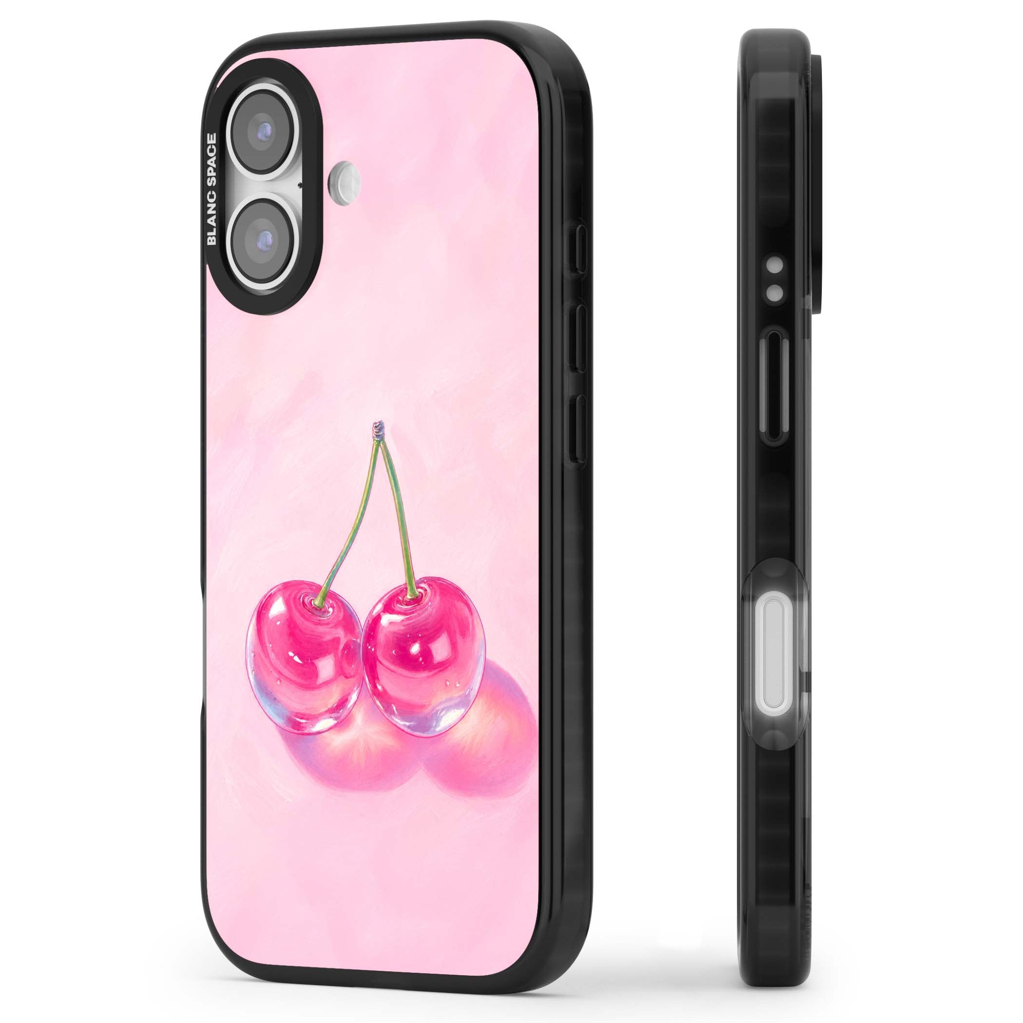 Pink Glass Cherry coquette iPhone case featuring two glossy painted cherries on a soft pink background | Clear Impact case for iPhone 17