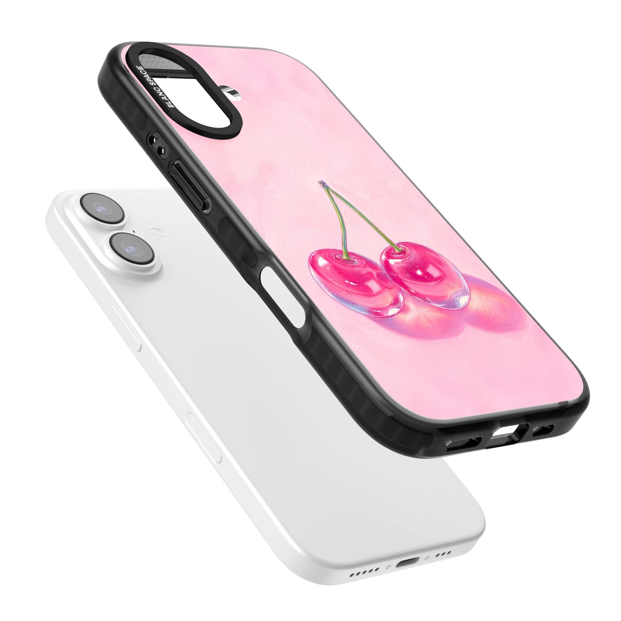 Pink Glass Cherry coquette iPhone case featuring two glossy painted cherries on a soft pink background | Clear Impact case for iPhone 17